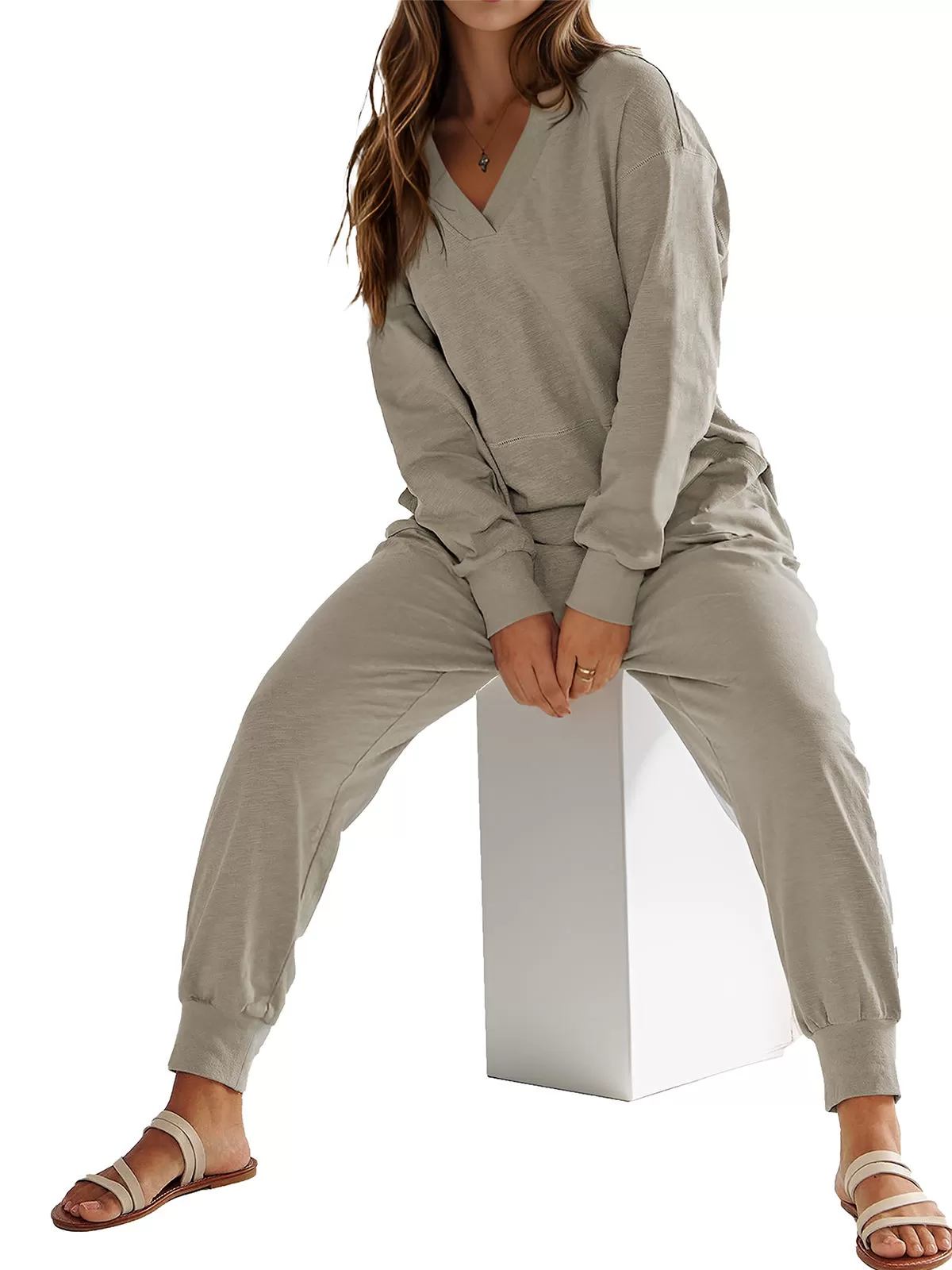 Solid V-neck Long Sleeve Knit Jumpsuit, 4 of 6