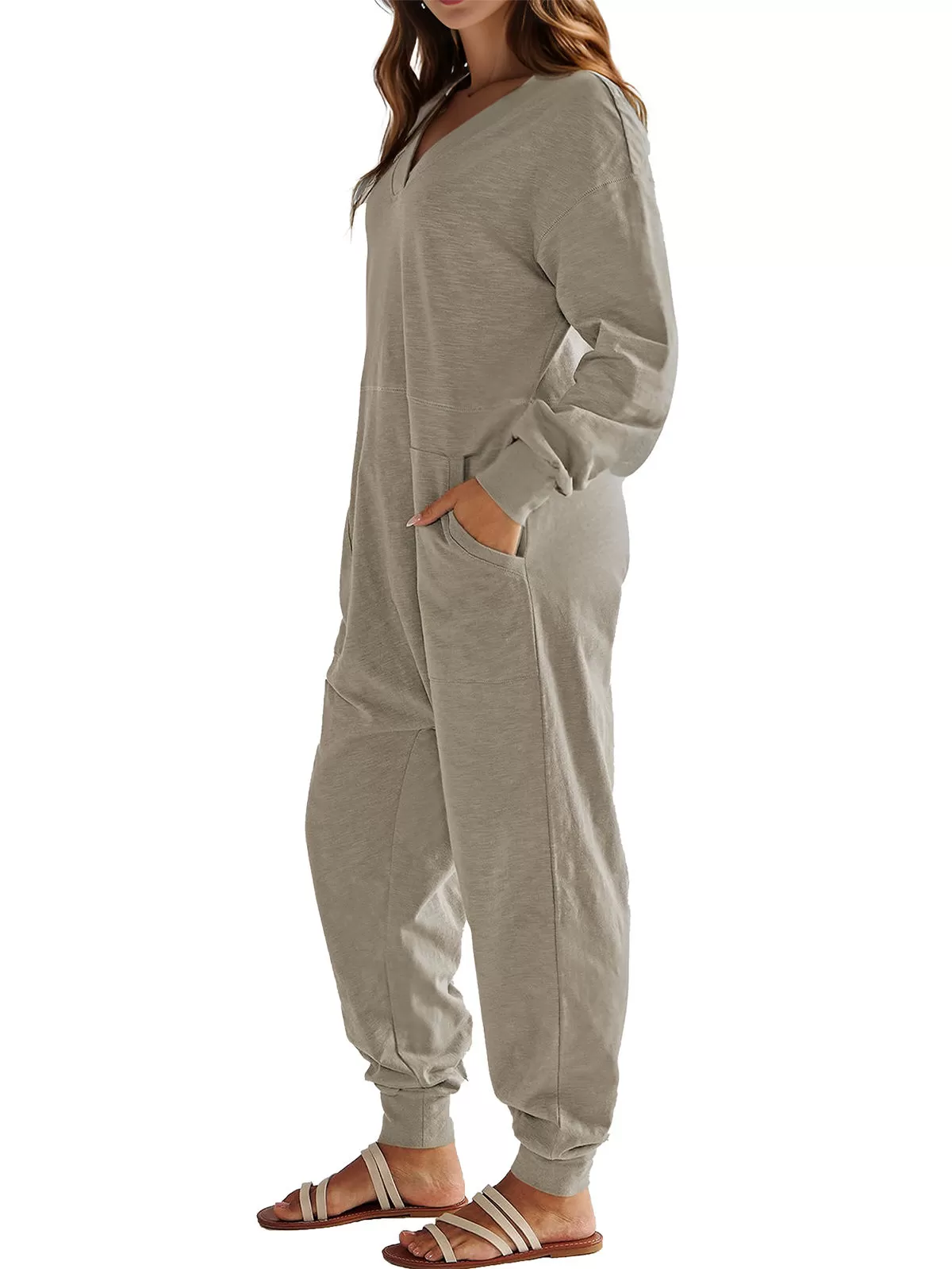 Solid V-neck Long Sleeve Knit Jumpsuit, 5 of 6