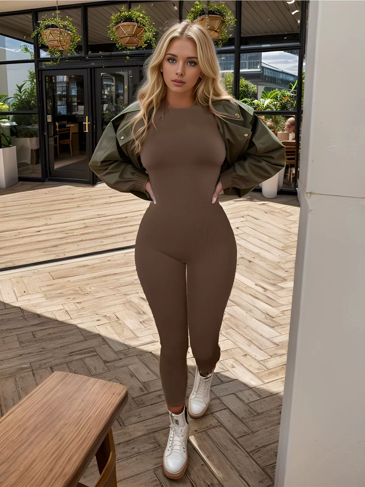 Round Neck High Rise Long Sleeve Knit Jumpsuit, 2 of 6