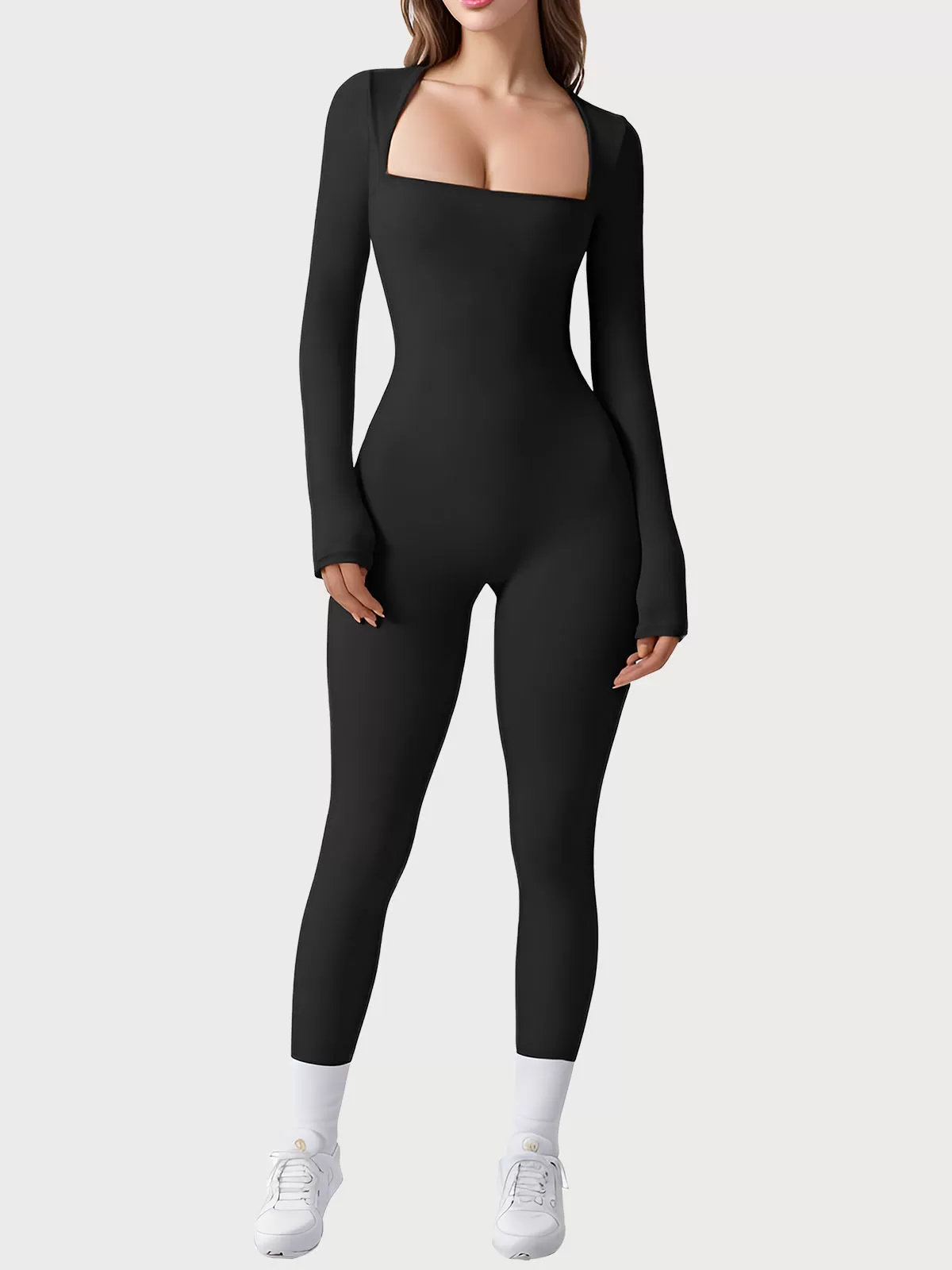 Square Neck High Rise Long Sleeve Jumpsuit, 1 of 5