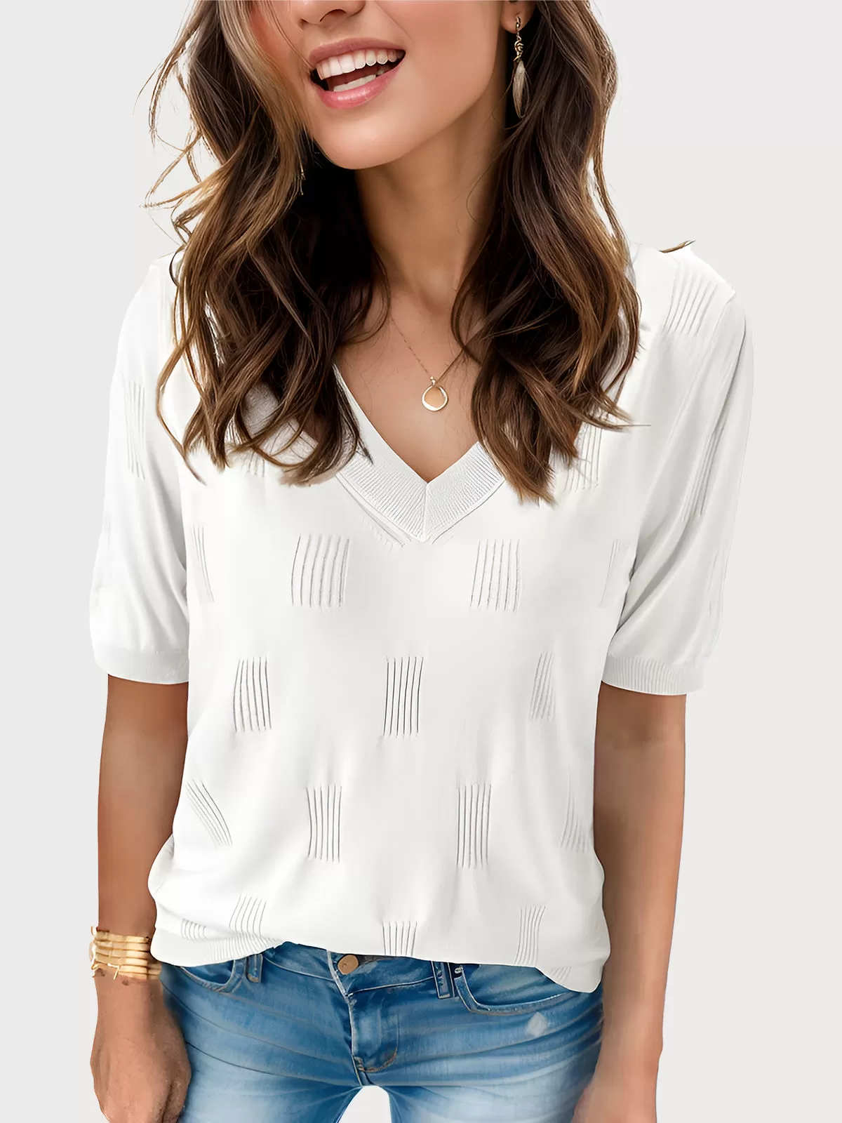 V-neck Puff Short Sleeve Woolen T-shirt, 1 of 5