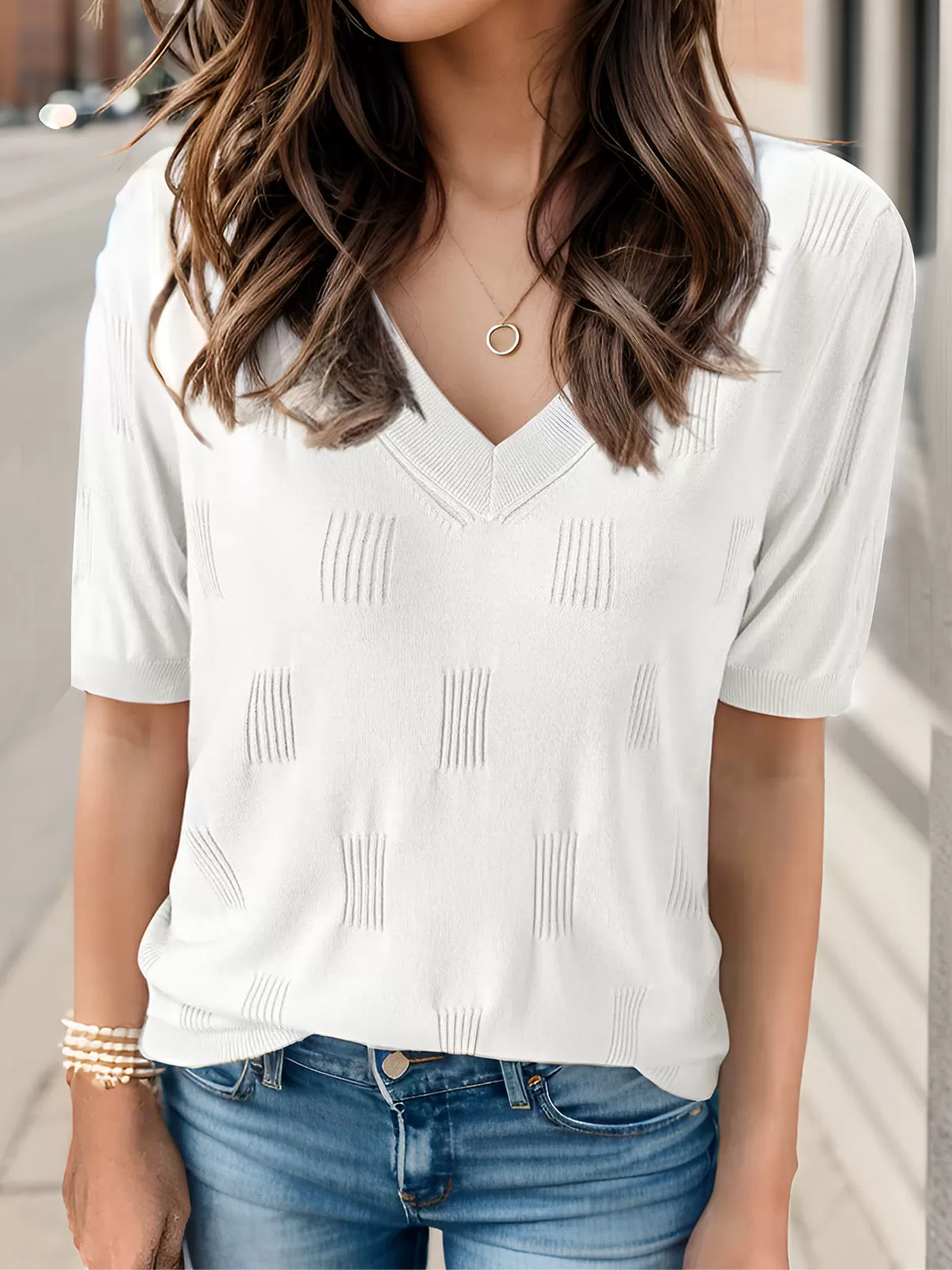 V-neck Puff Short Sleeve Woolen T-shirt, 5 of 5