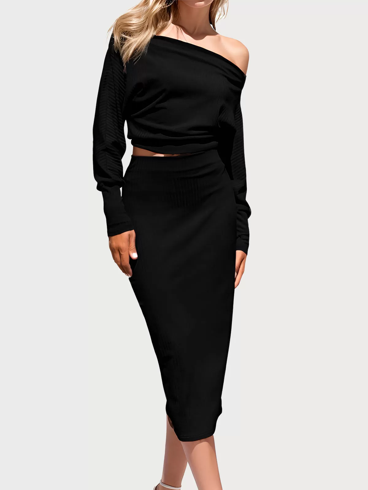 Off Shoulder Long Sleeve Knit Top & Skirt, 1 of 6