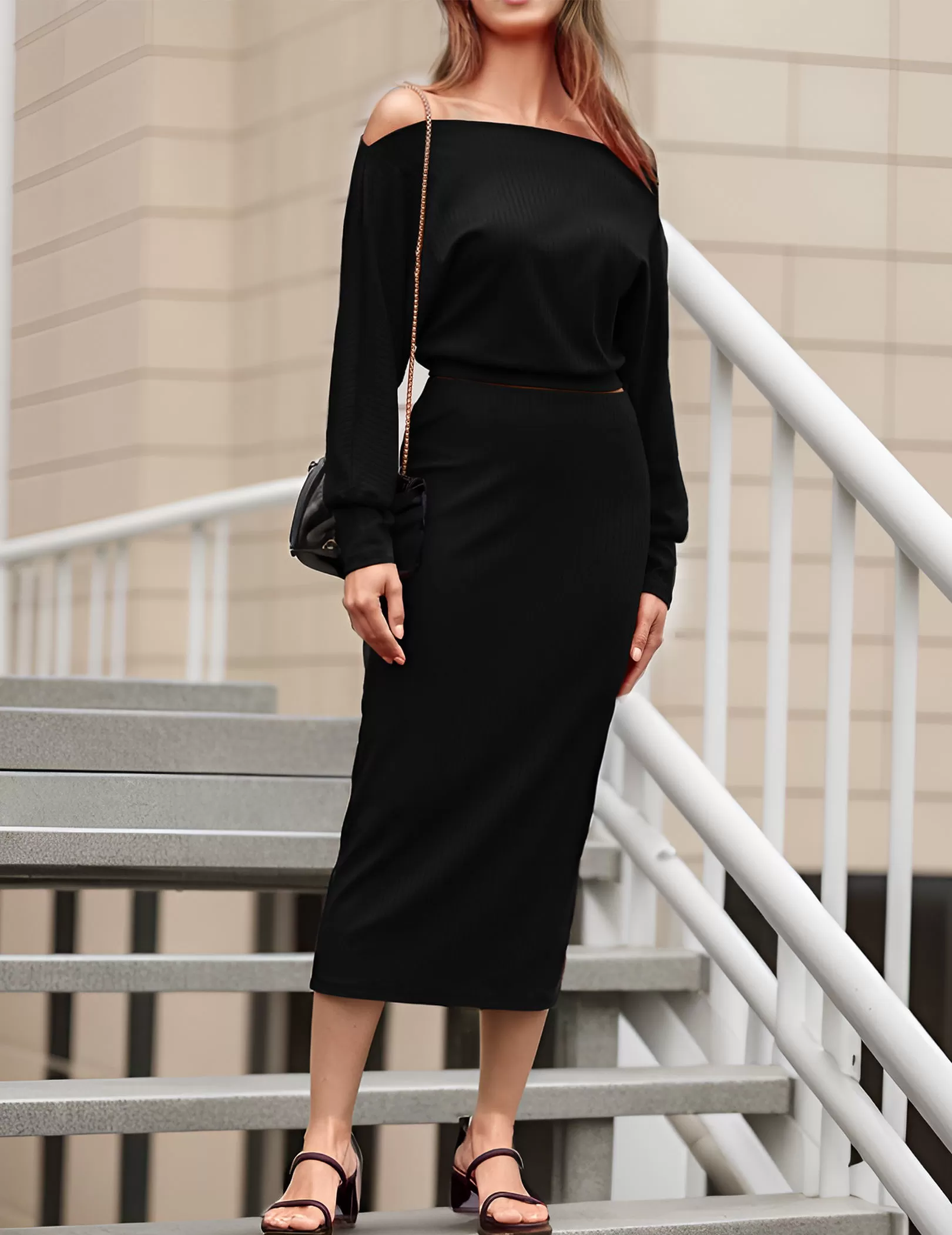 Off Shoulder Long Sleeve Knit Top & Skirt, 2 of 6