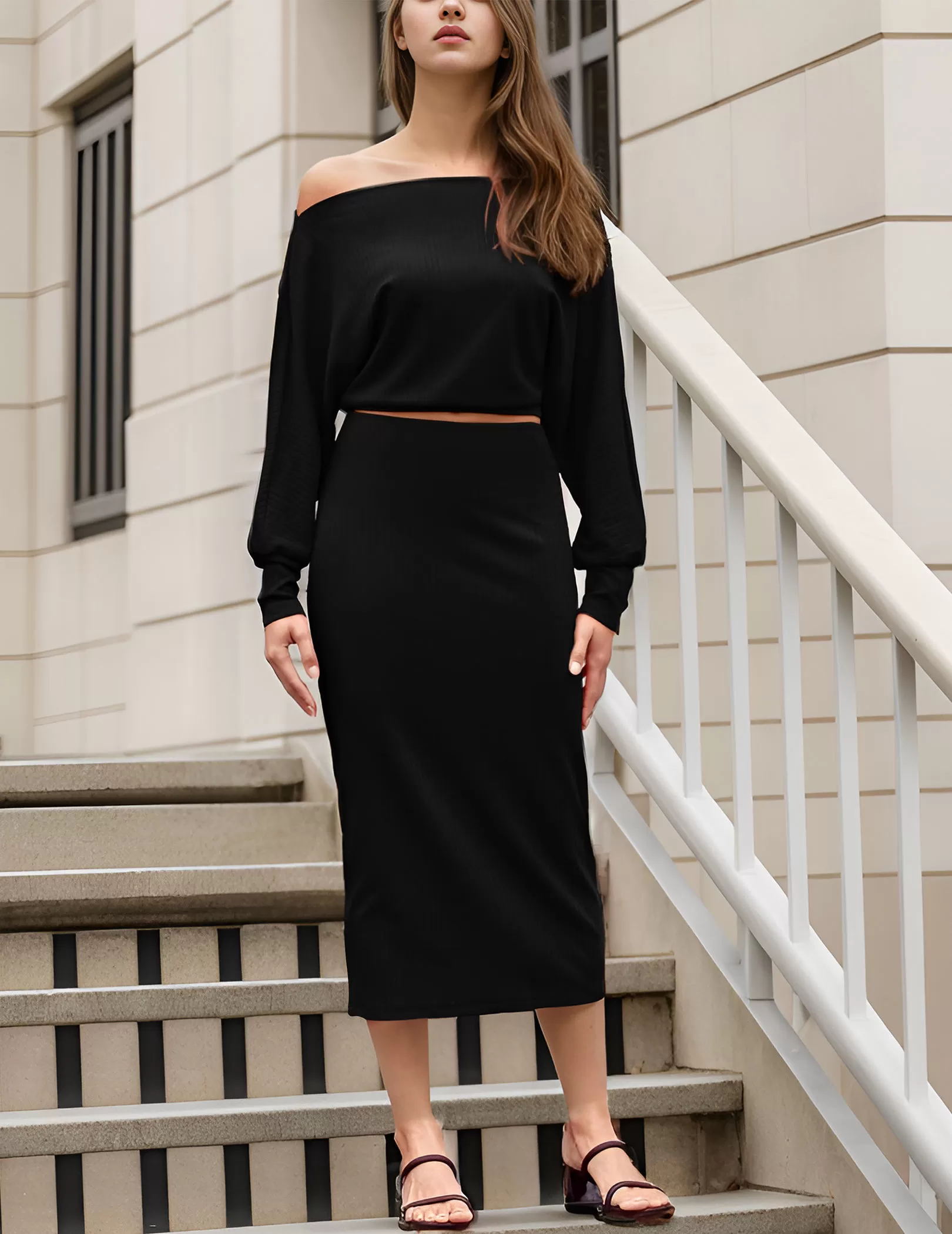 Off Shoulder Long Sleeve Knit Top & Skirt, 3 of 6
