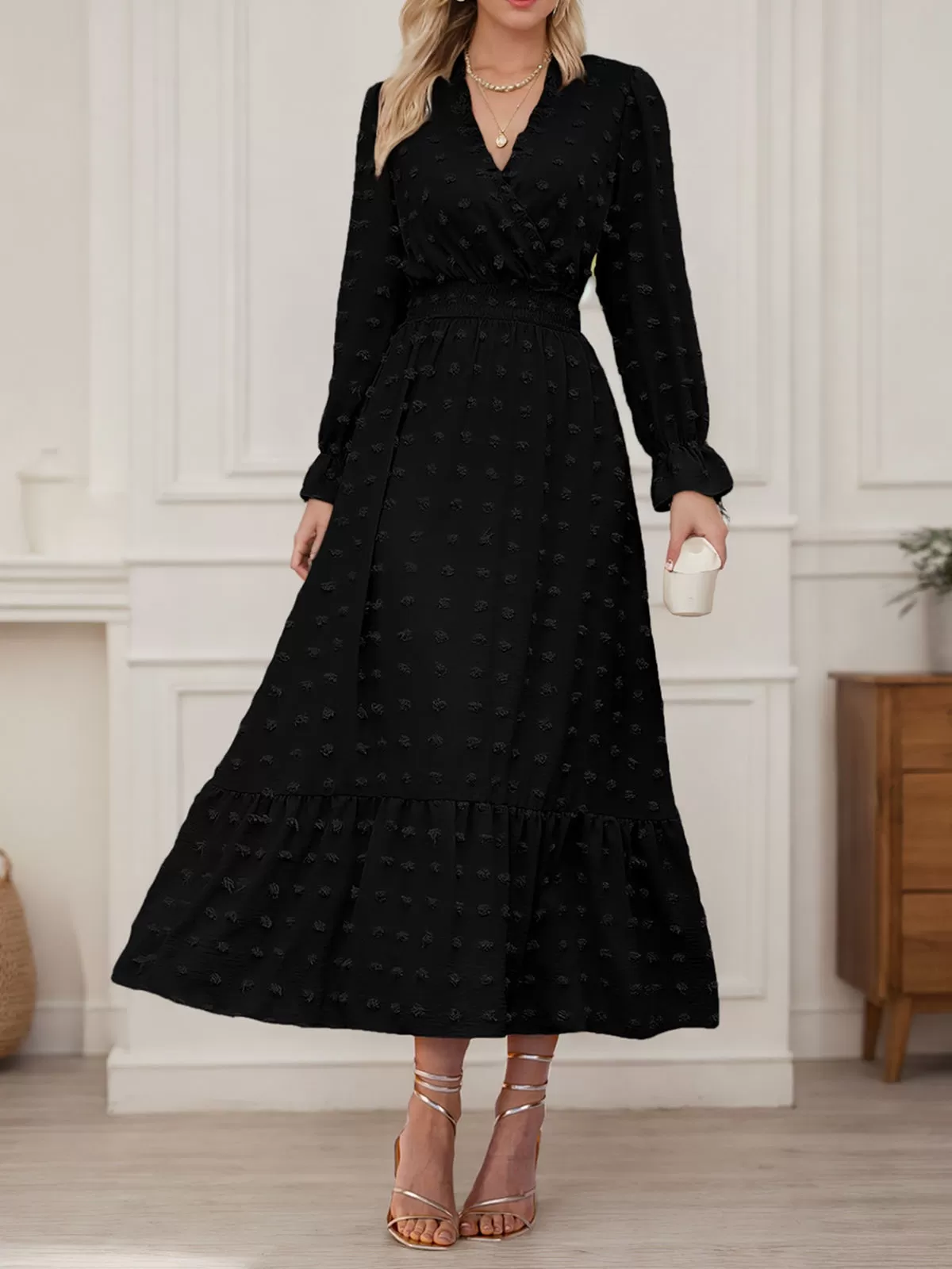 Wrinkle V-neck Lantern A-line Dress, 4 of 6