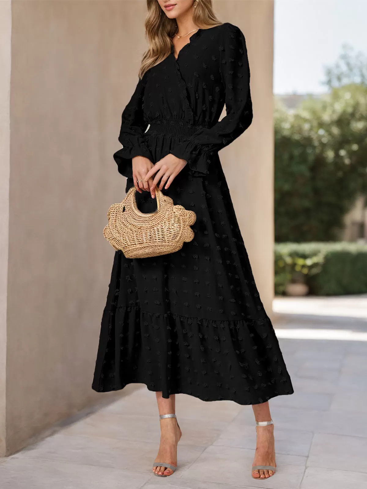 Wrinkle V-neck Lantern A-line Dress, 5 of 6