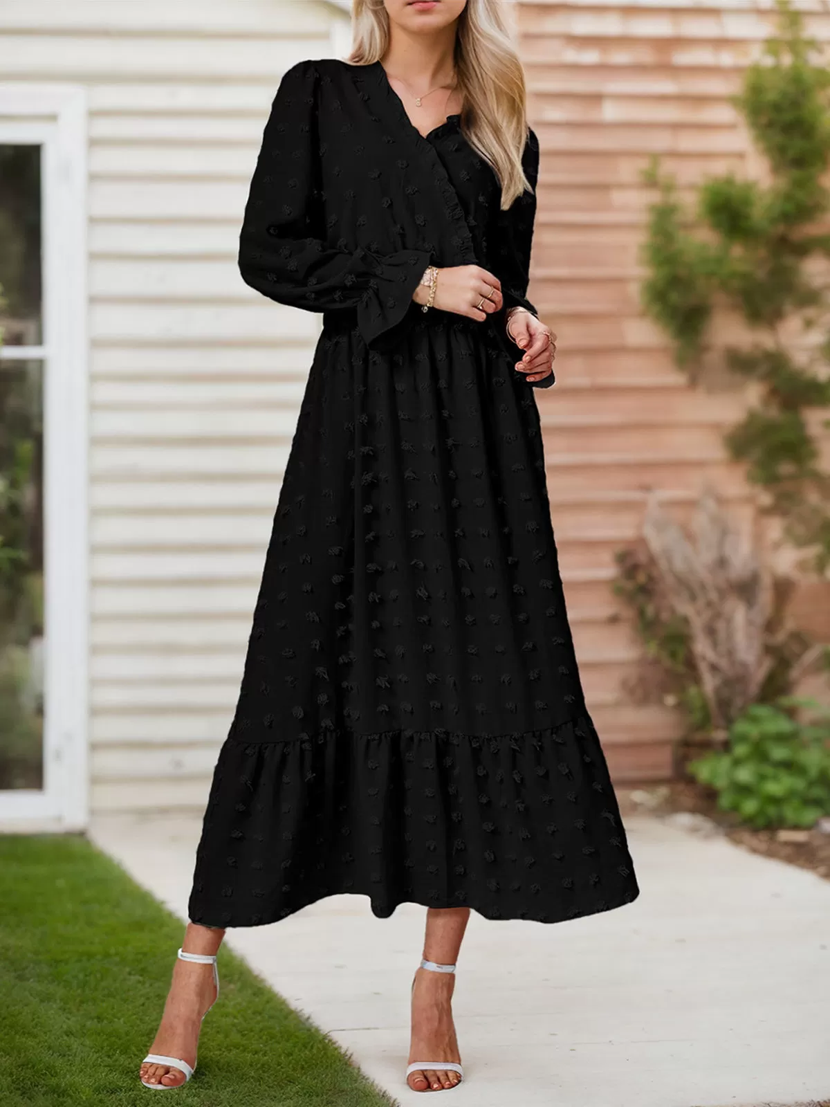 Wrinkle V-neck Lantern A-line Dress, 6 of 6