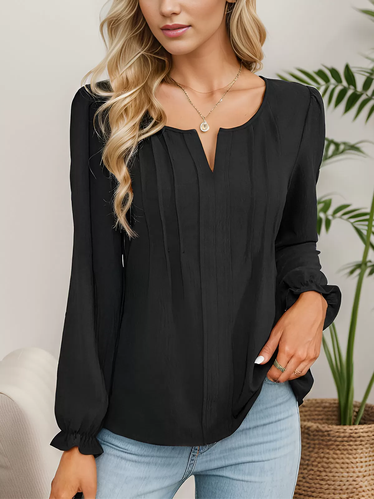 V-neck Lantern Long Sleeve Blouse, 2 of 6