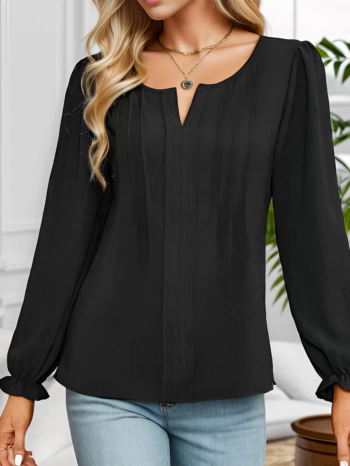 V-neck Lantern Long Sleeve Blouse, 3 of 6