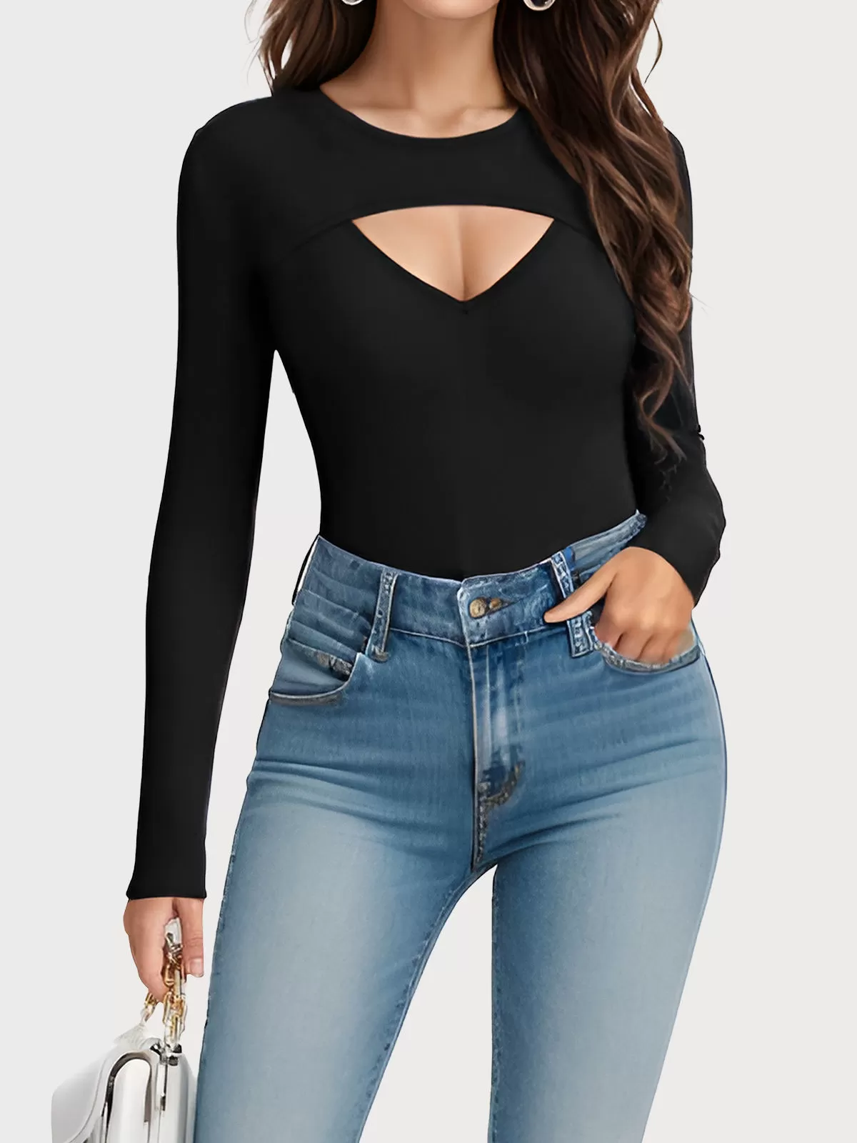 Round Neck Cut Out Front Ribbed Fitted T-shirt, 1 of 5