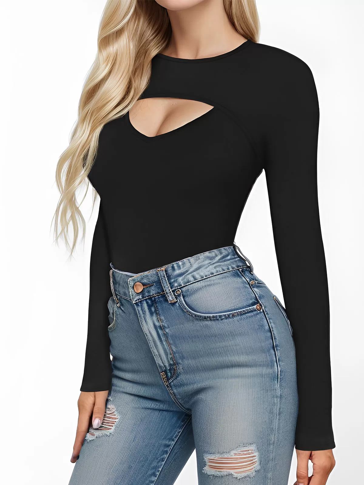 Round Neck Cut Out Front Ribbed Fitted T-shirt, 2 of 5