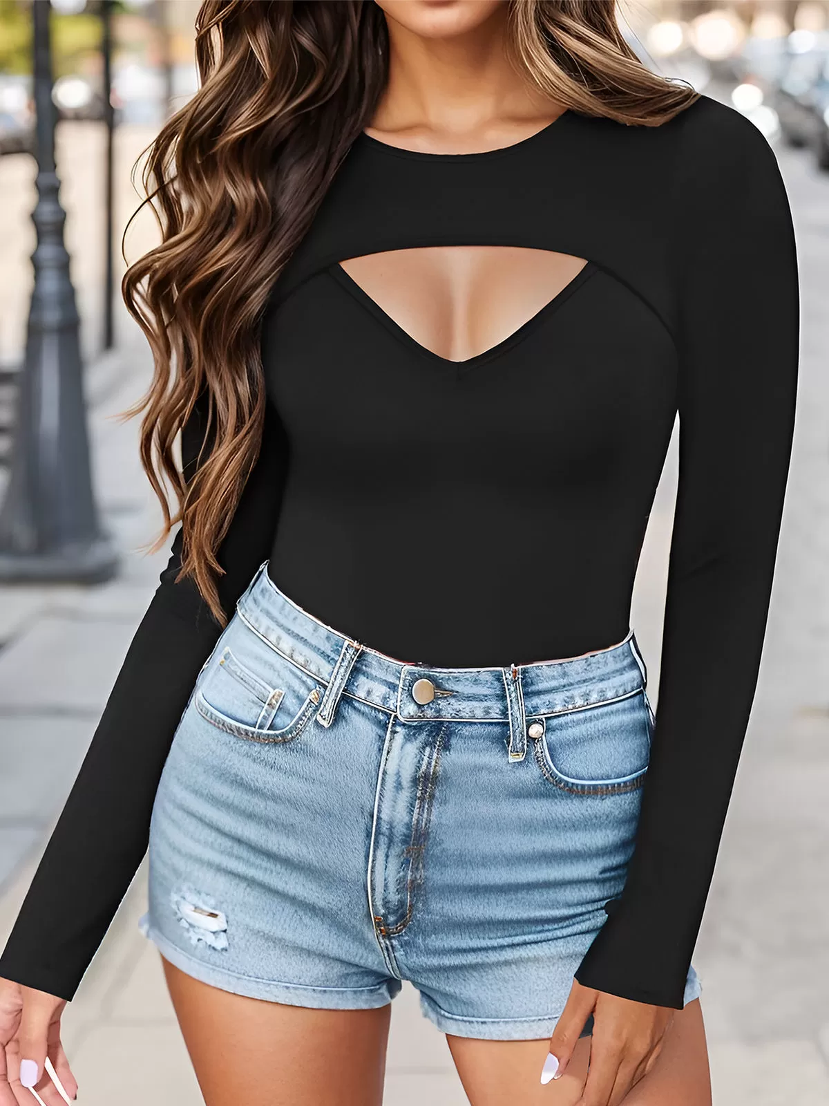 Round Neck Cut Out Front Ribbed Fitted T-shirt, 5 of 5