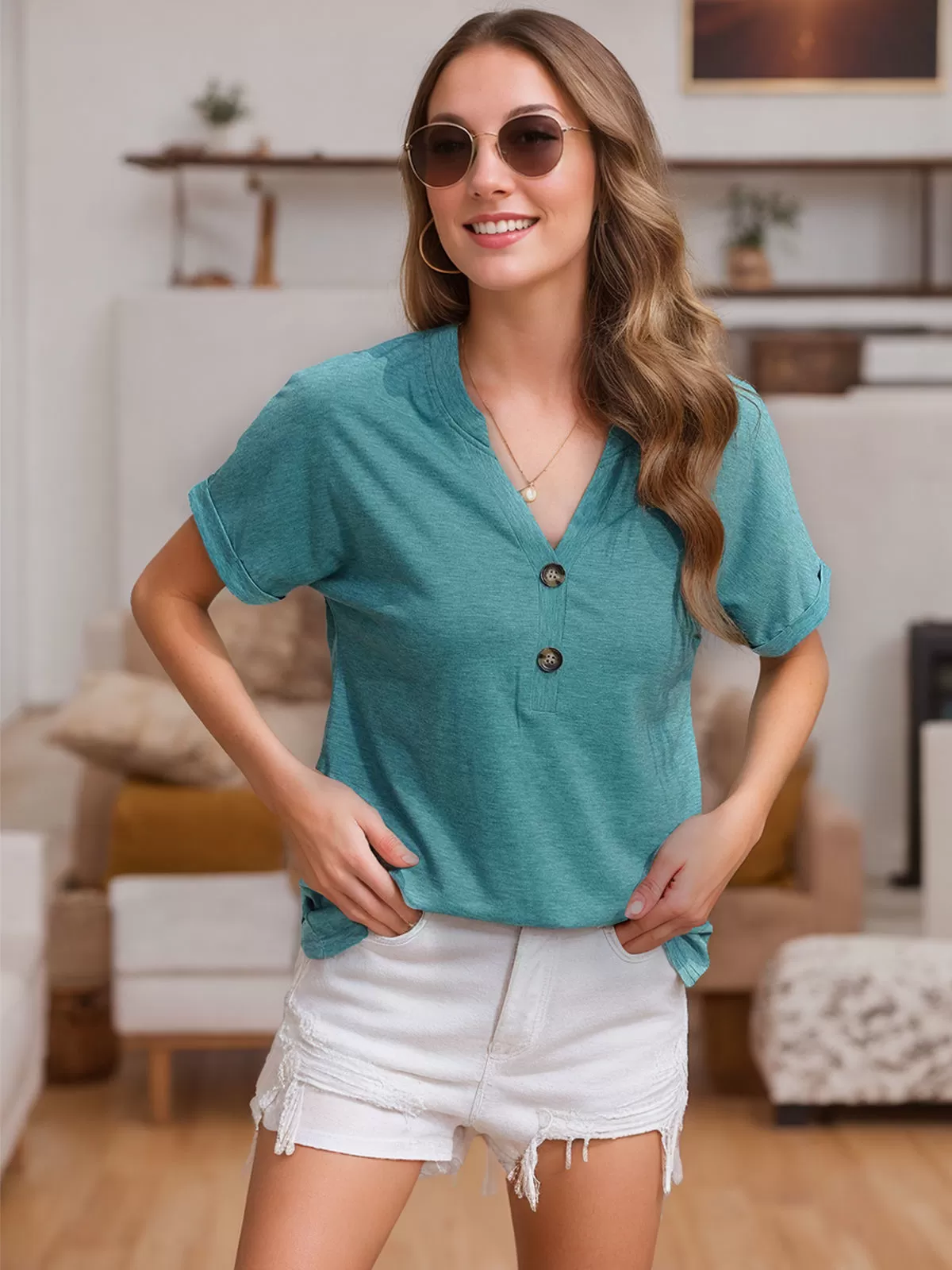 Solid V-neck Buttons T-shirt, 2 of 5