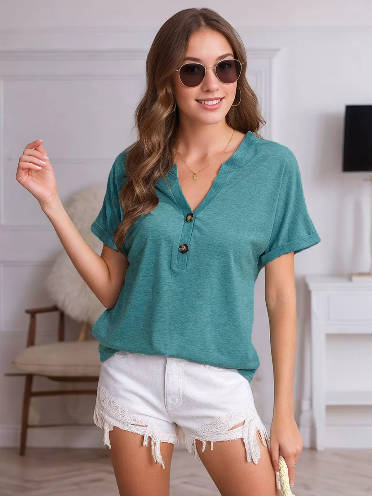 Solid V-neck Buttons T-shirt, 5 of 5