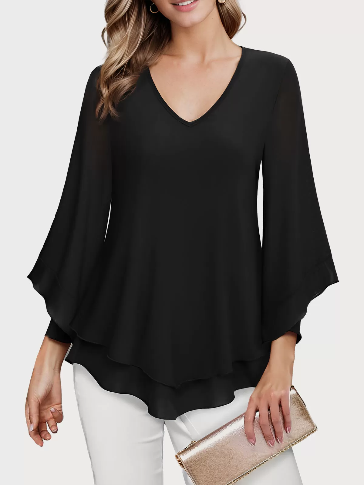 V-neck Flare  Double Layers Mesh Shirt Ruffle Blouse, 1 of 5
