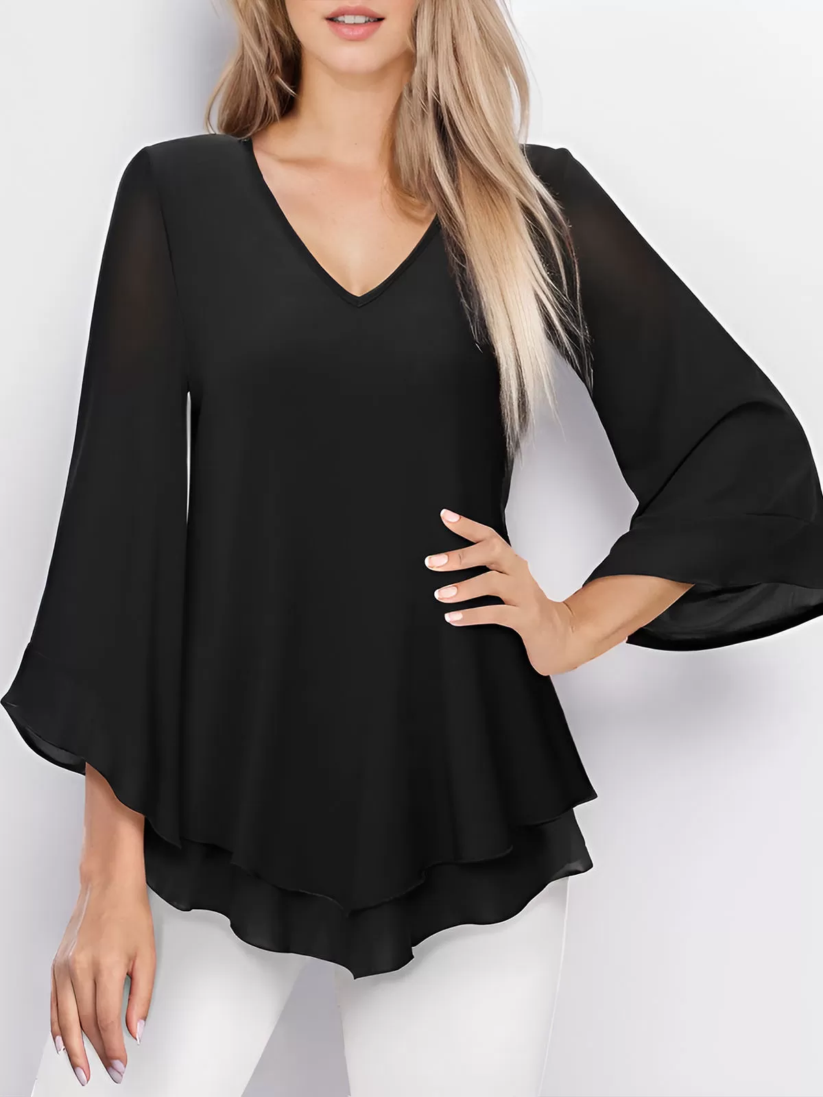 V-neck Flare  Double Layers Mesh Shirt Ruffle Blouse, 2 of 5