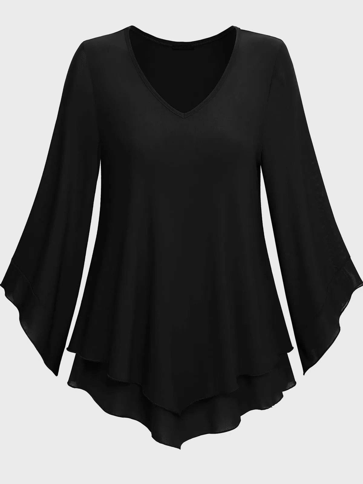 V-neck Flare  Double Layers Mesh Shirt Ruffle Blouse, 3 of 5