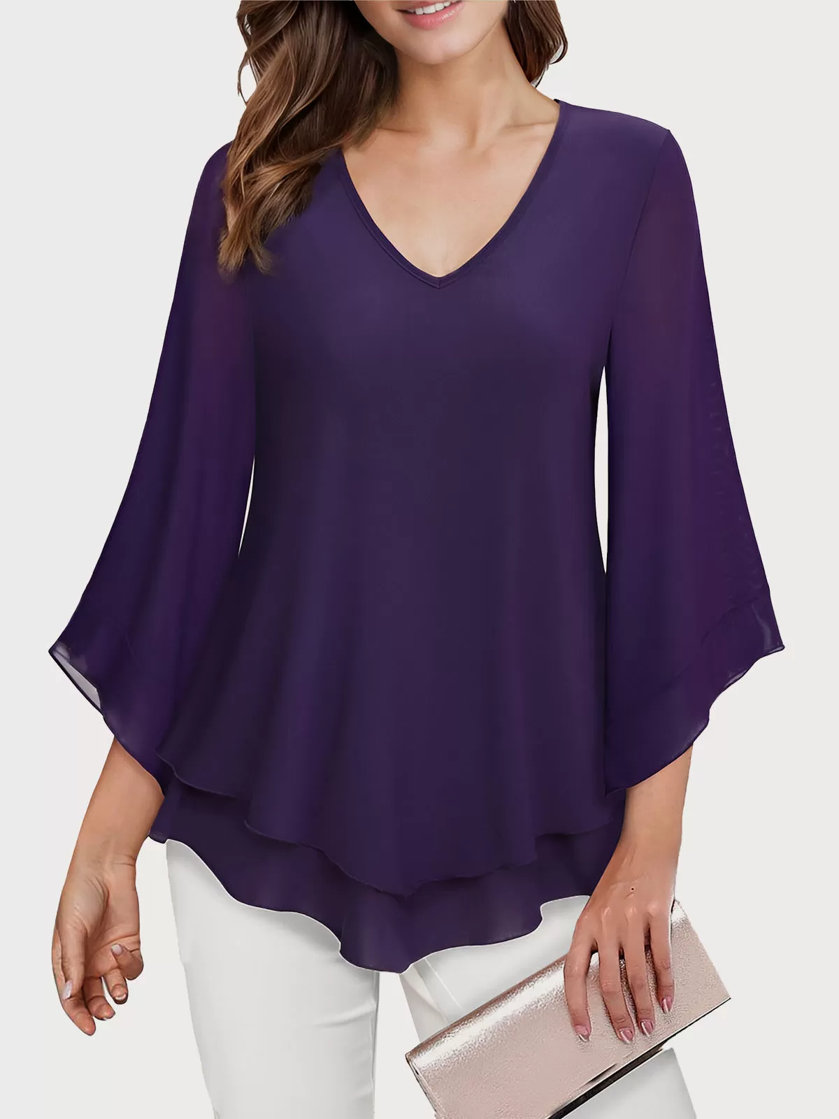 V-neck Flare  Double Layers Mesh Shirt Ruffle Blouse, 1 of 5