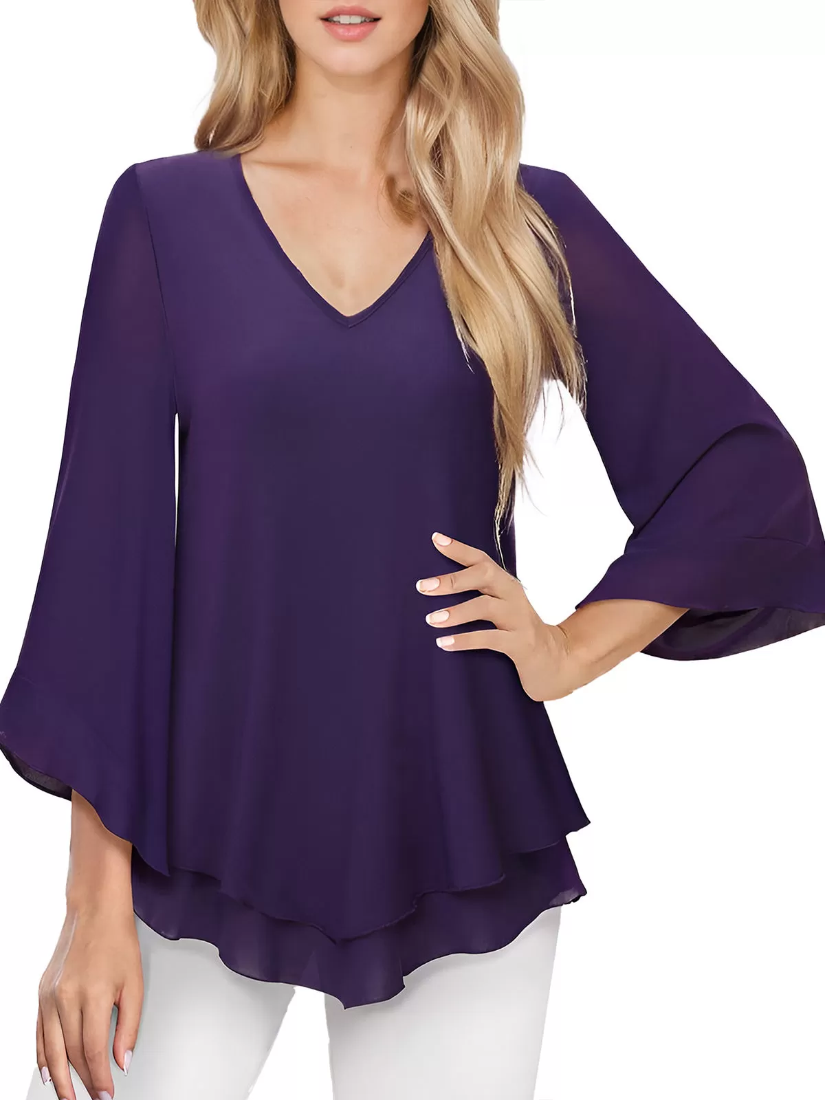 V-neck Flare  Double Layers Mesh Shirt Ruffle Blouse, 2 of 5