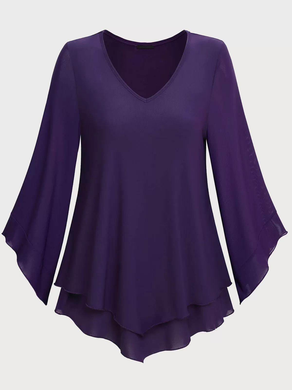 V-neck Flare  Double Layers Mesh Shirt Ruffle Blouse, 3 of 5