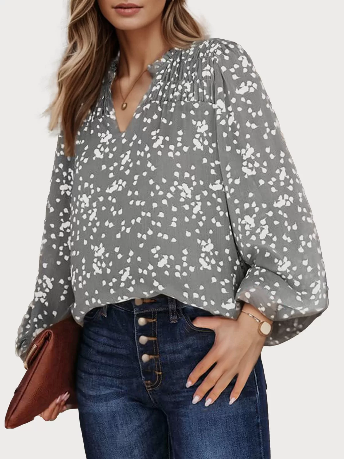 Floral Pleating V-neck Lantern Long Sleeve Blouse, 1 of 5