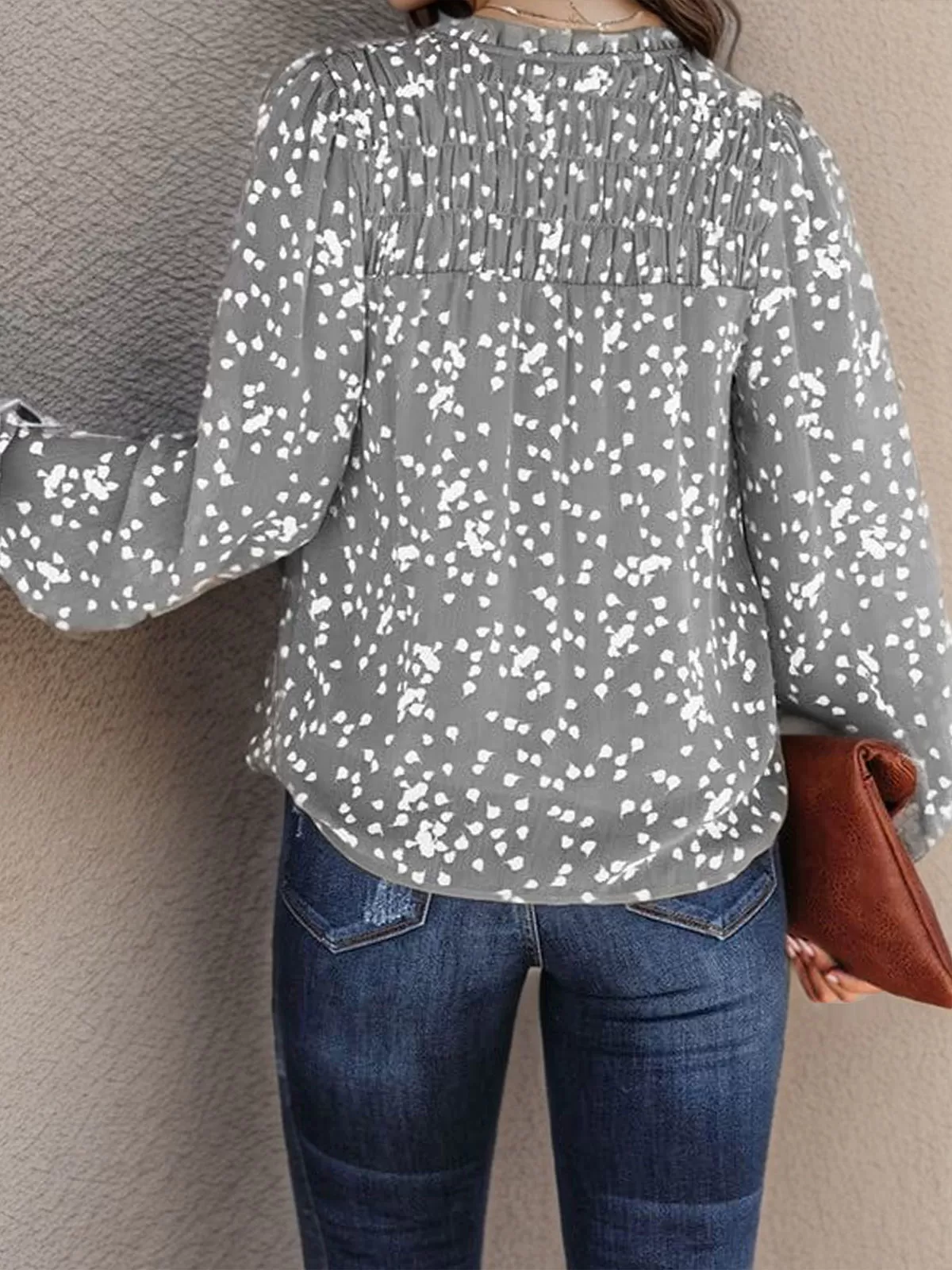 Floral Pleating V-neck Lantern Long Sleeve Blouse, 5 of 5