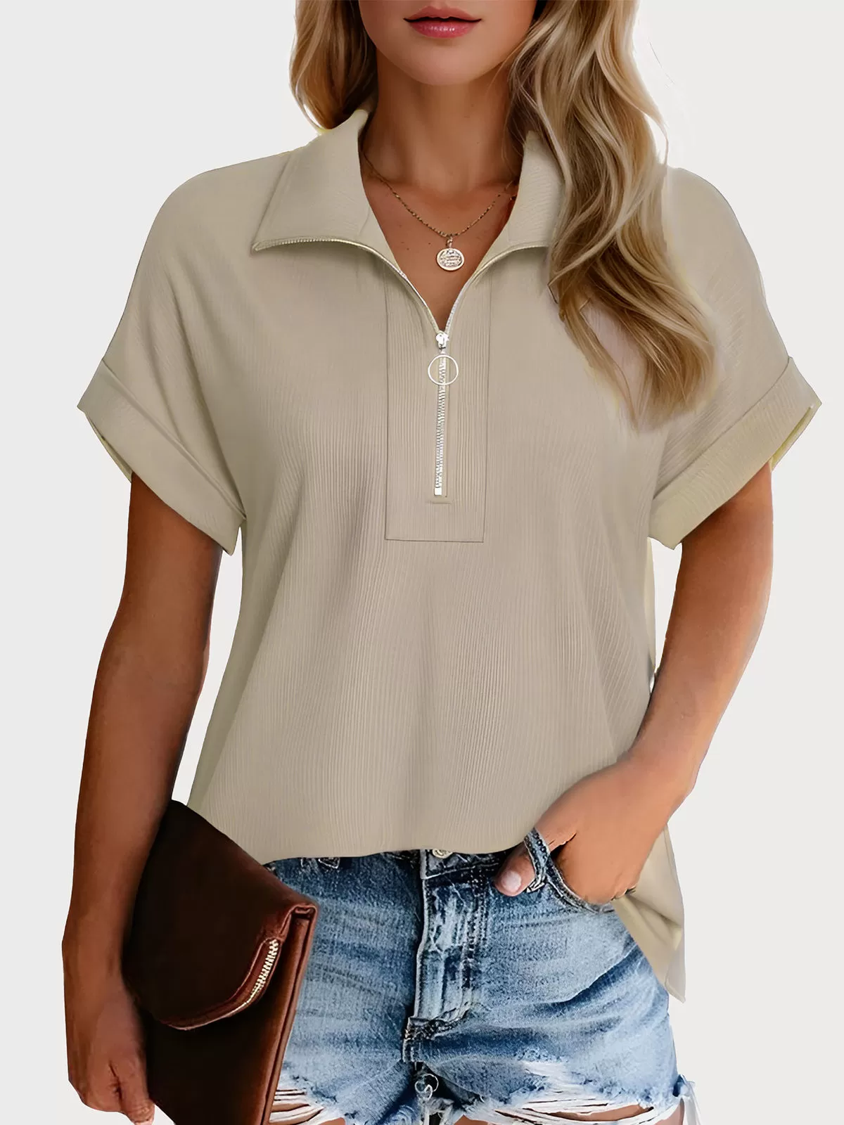 Lapel Zipper Collar Short Sleeve T-shirt, 1 of 4