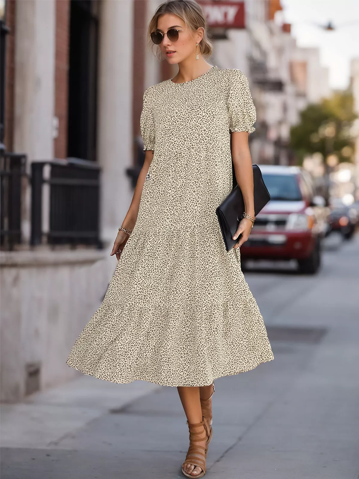 Floral Round Neck Puff A-line Dress, 2 of 5