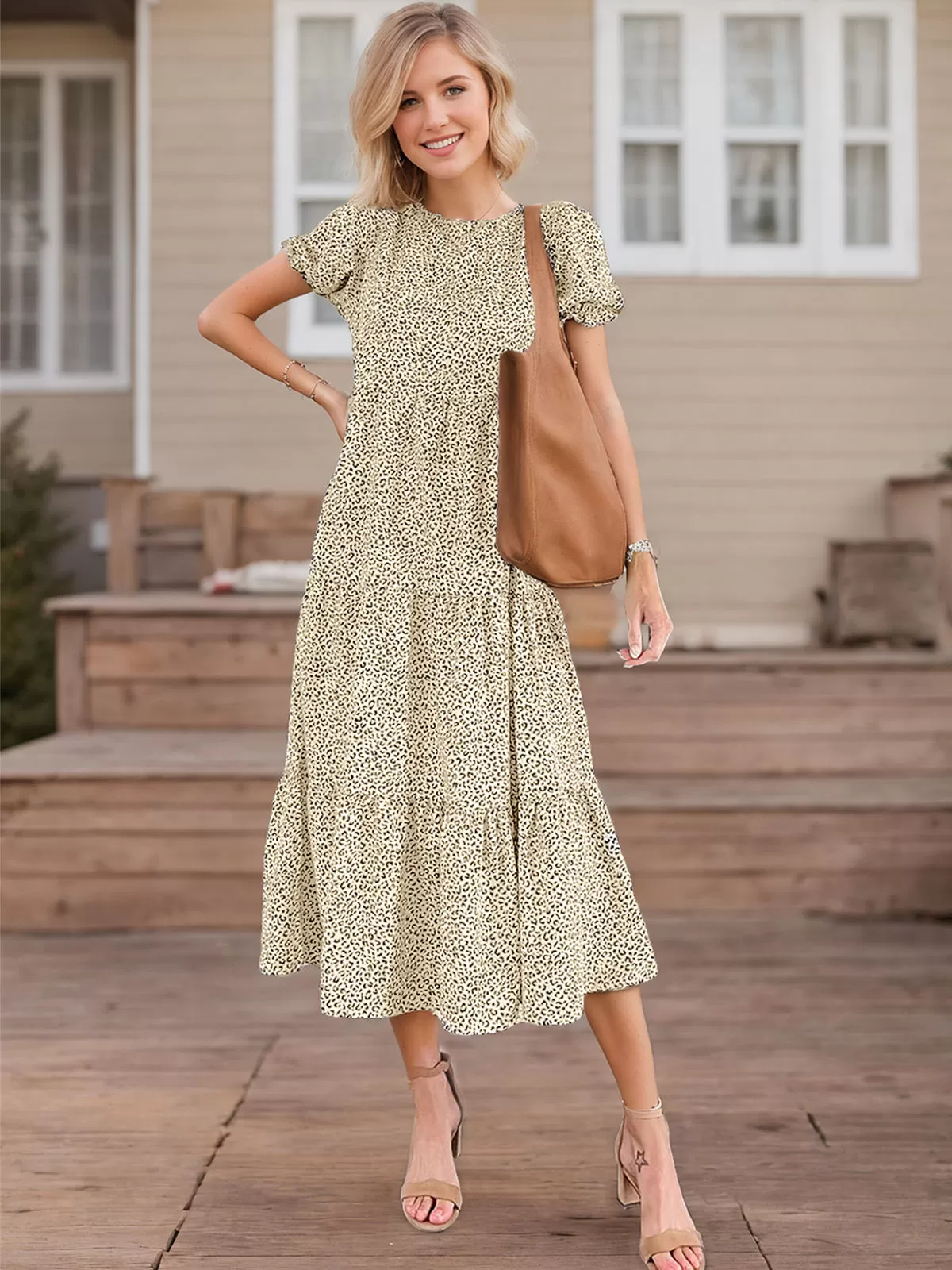 Floral Round Neck Puff A-line Dress, 3 of 5