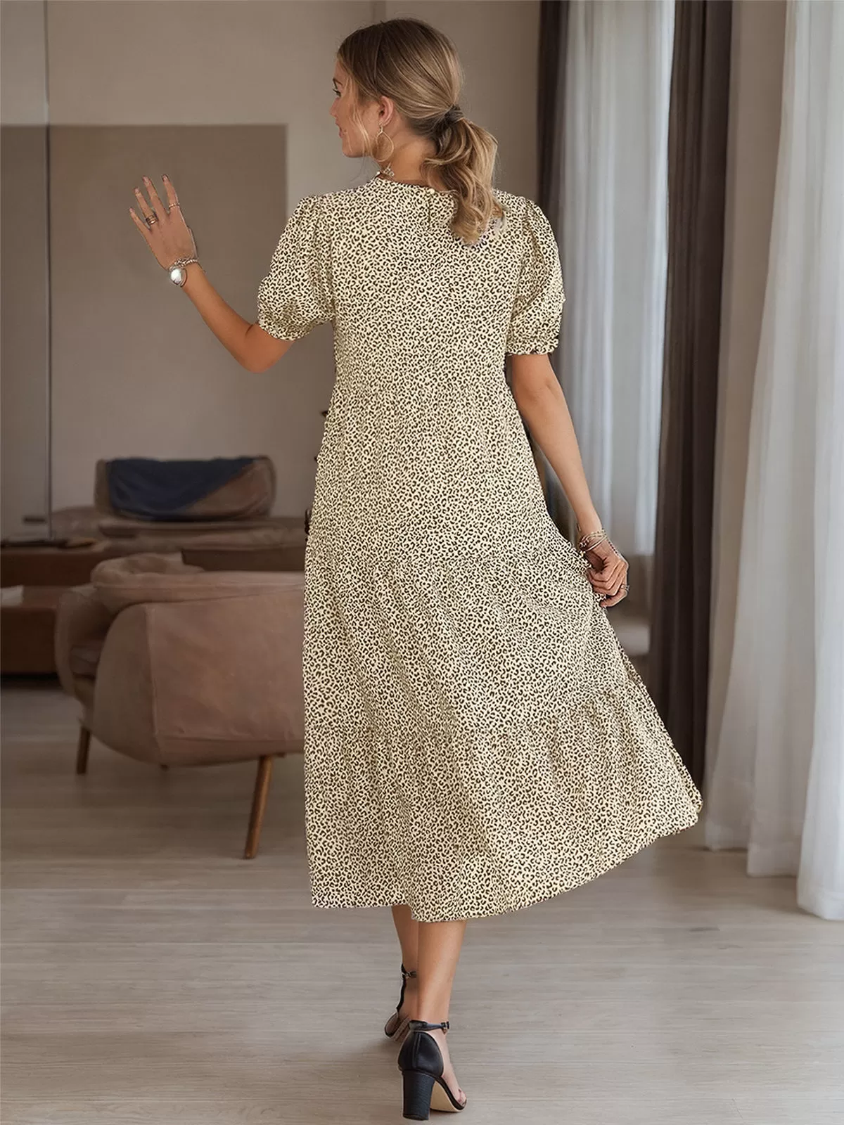 Floral Round Neck Puff A-line Dress, 4 of 5