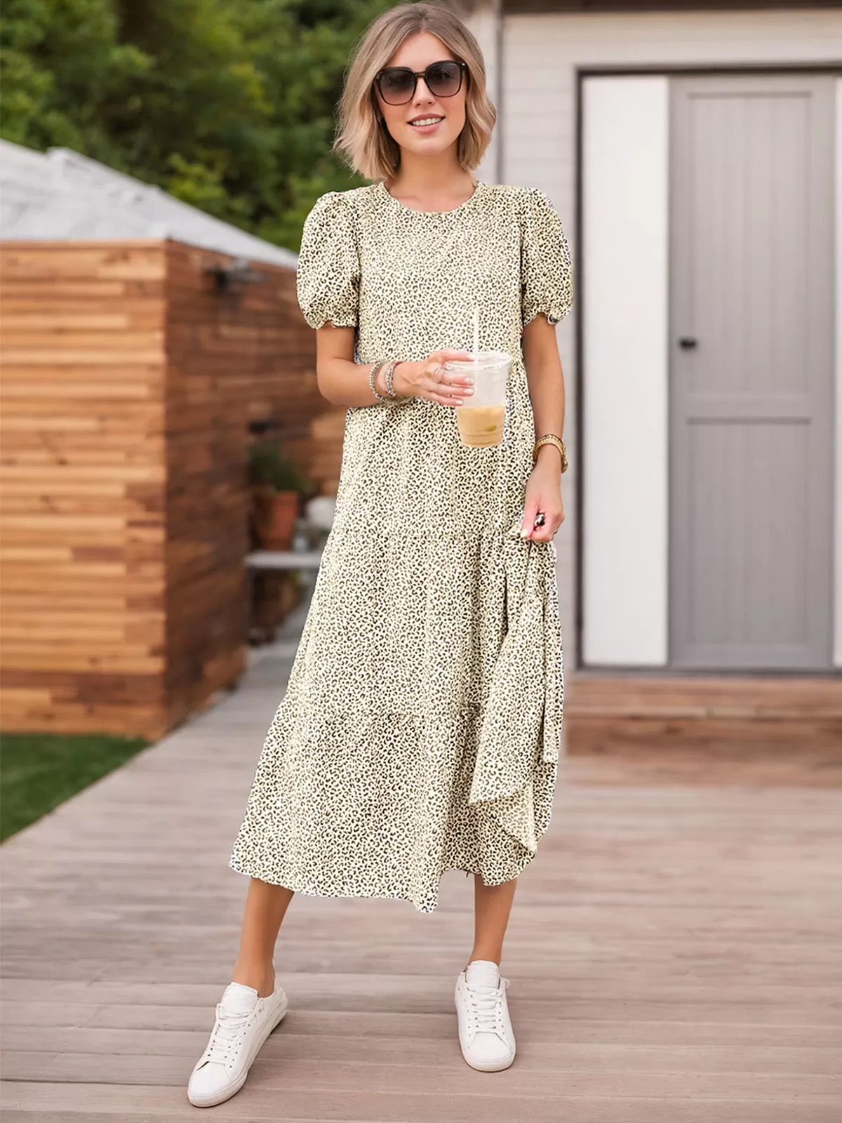 Floral Round Neck Puff A-line Dress, 5 of 5