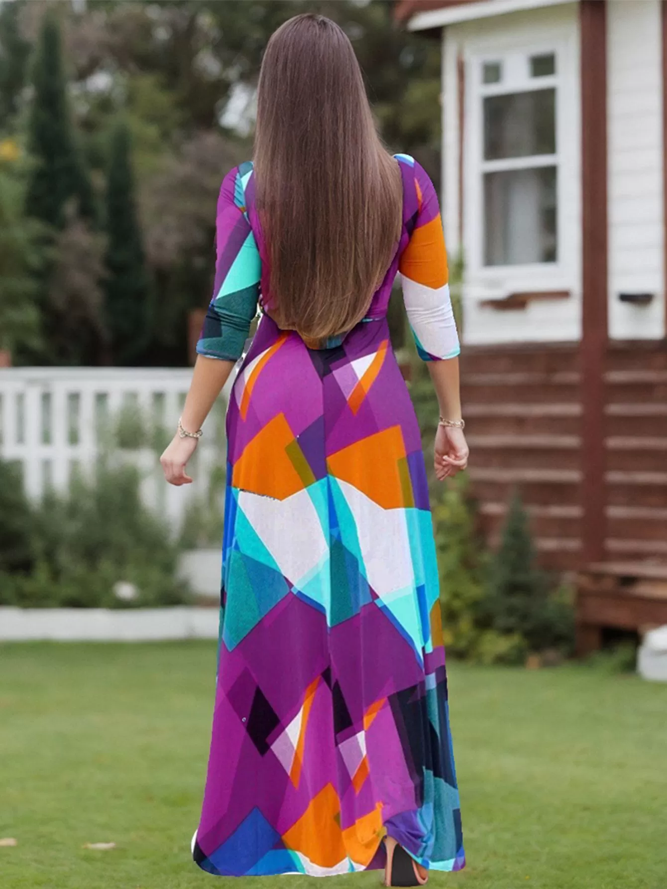 Geometric Printing V-neck Knit A-line Dress, 3 of 5