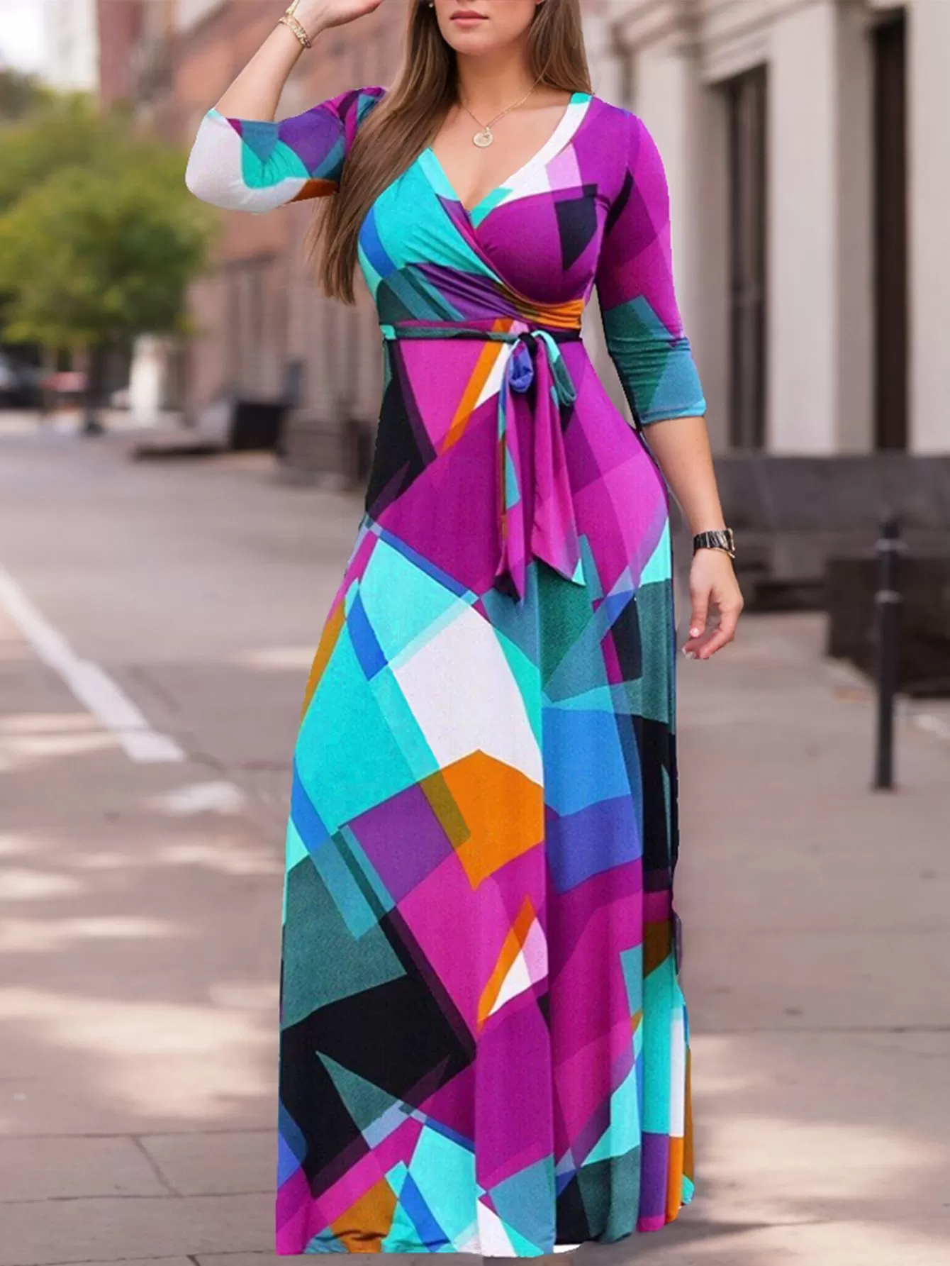 Geometric Printing V-neck Knit A-line Dress, 4 of 5