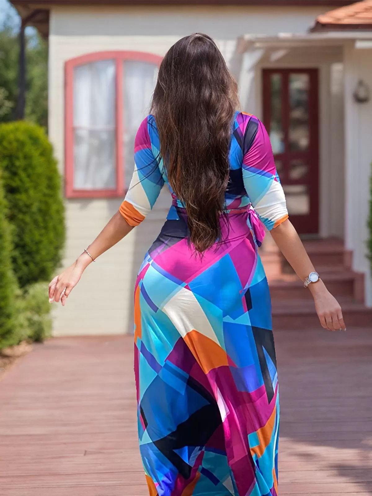 Geometric Printing V-neck Knit A-line Dress, 5 of 5