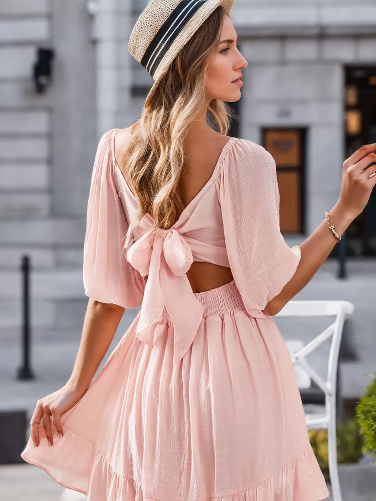 Wrinkle Square Neck Lantern A-line Dress, 2 of 6