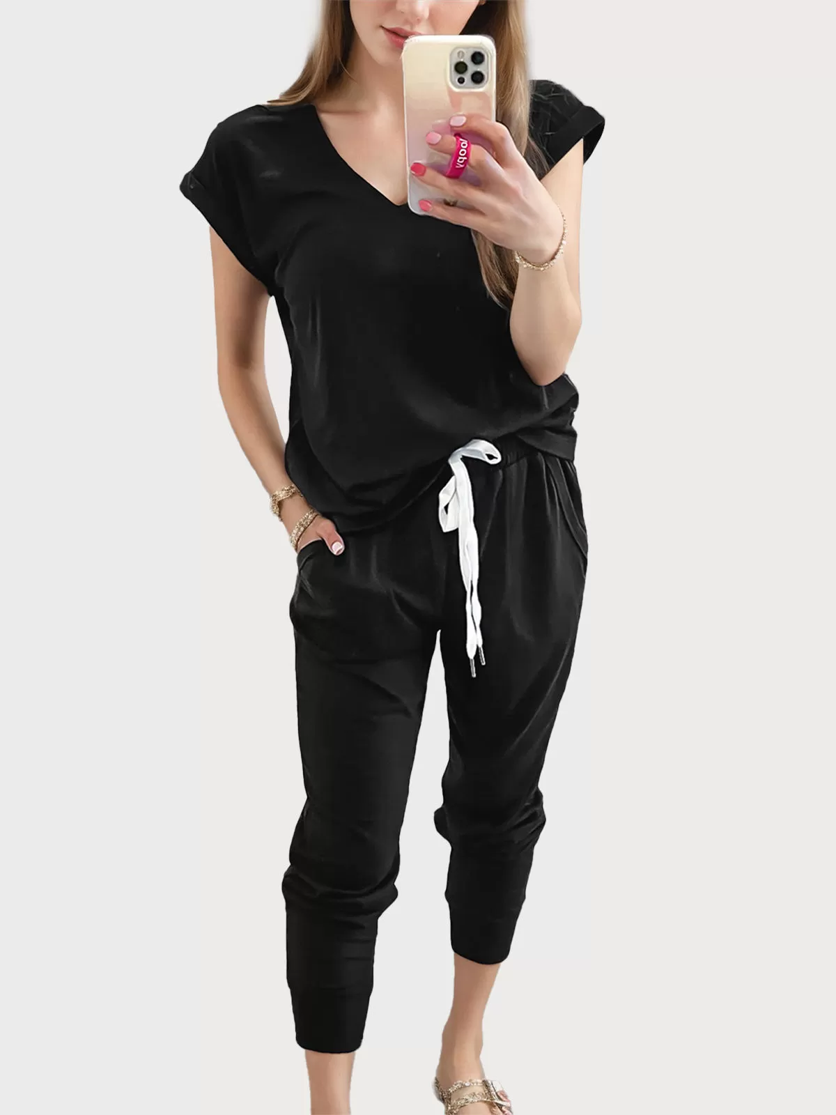 Solid V-neck Short Sleeve T-shirt & Solid Pants, 1 of 5