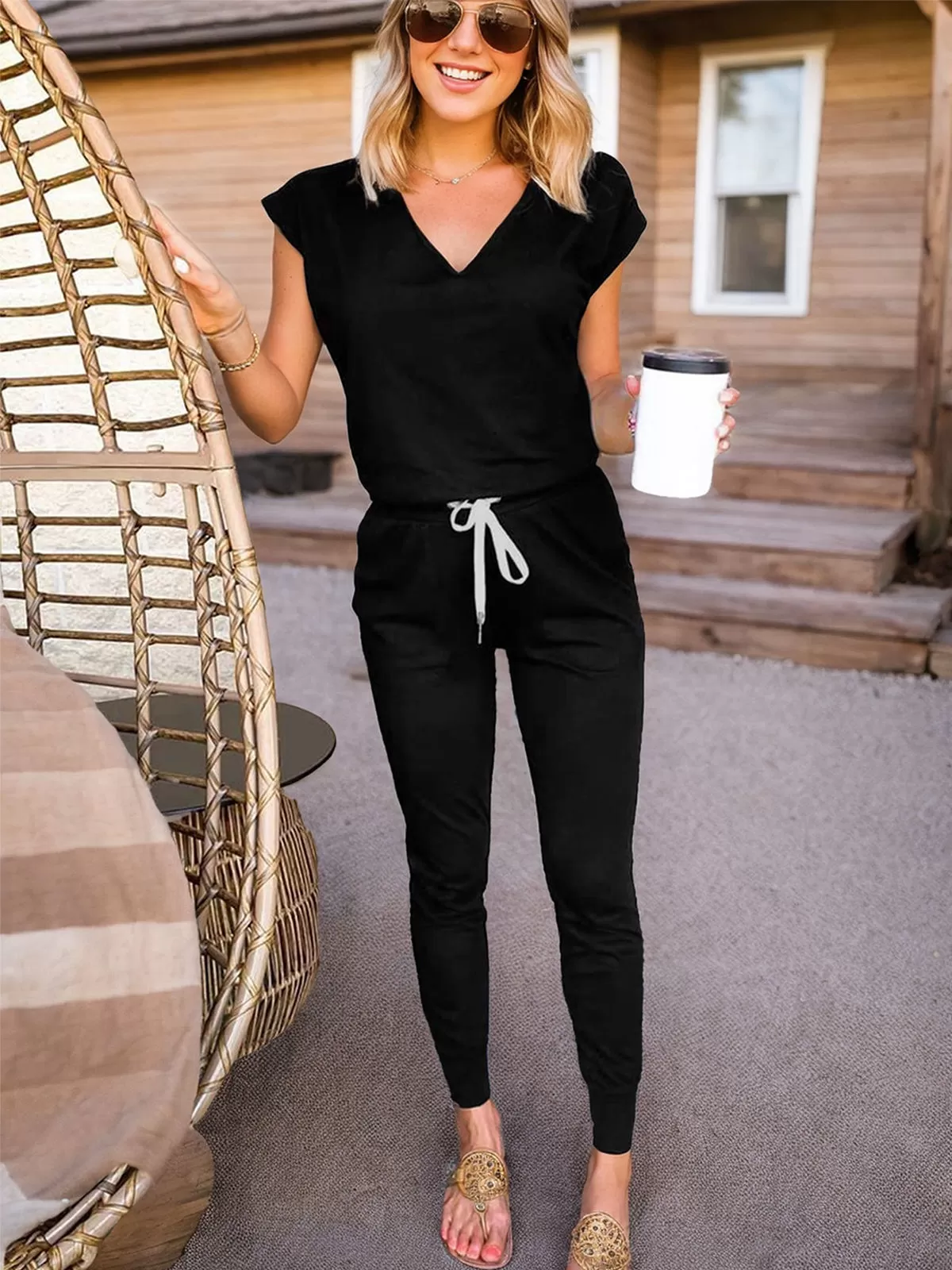 Solid V-neck Short Sleeve T-shirt & Solid Pants, 2 of 5