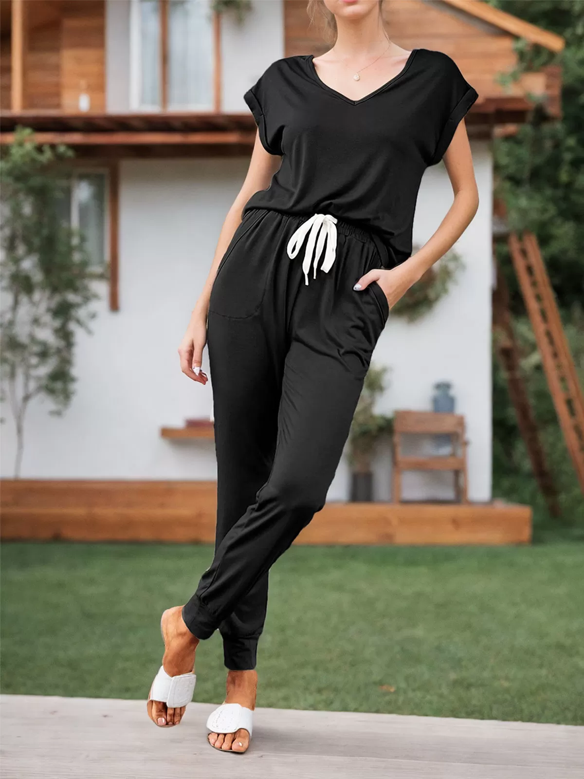 Solid V-neck Short Sleeve T-shirt & Solid Pants, 3 of 5