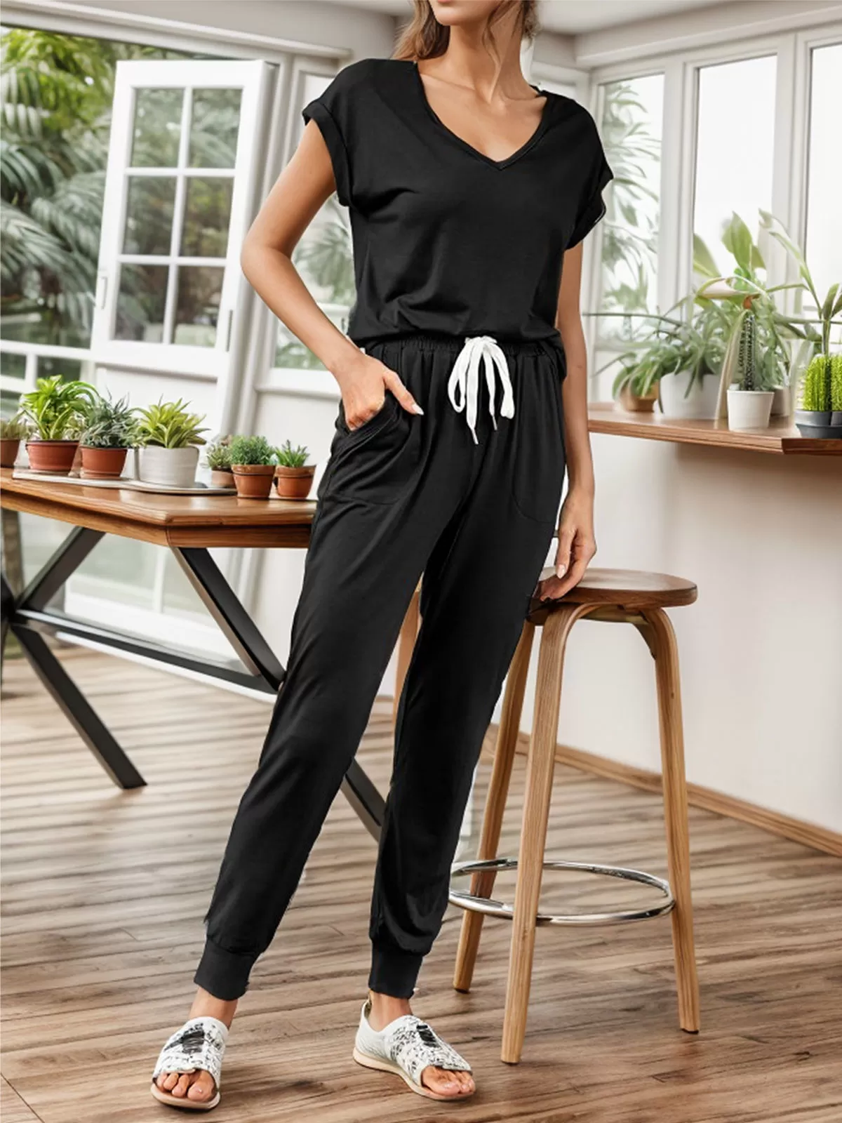 Solid V-neck Short Sleeve T-shirt & Solid Pants, 4 of 5