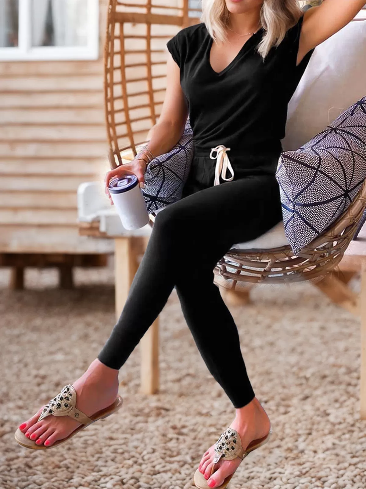 Solid V-neck Short Sleeve T-shirt & Solid Pants, 5 of 5