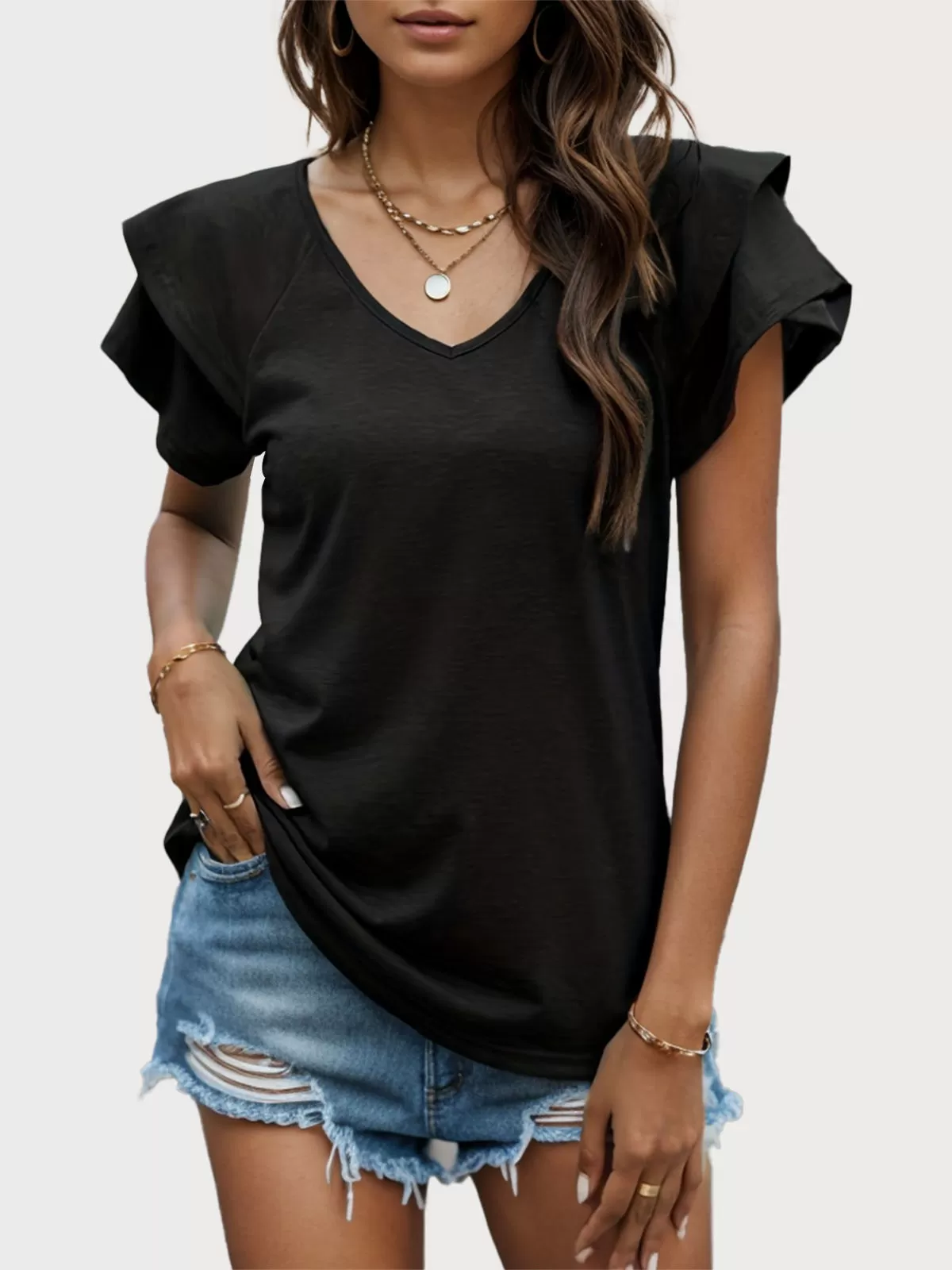 V-neck Flounce Short Sleeve T-shirt, 1 of 6