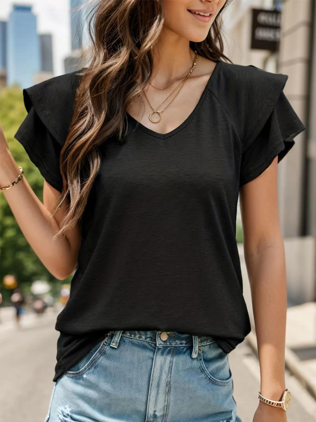 V-neck Flounce Short Sleeve T-shirt, 3 of 6