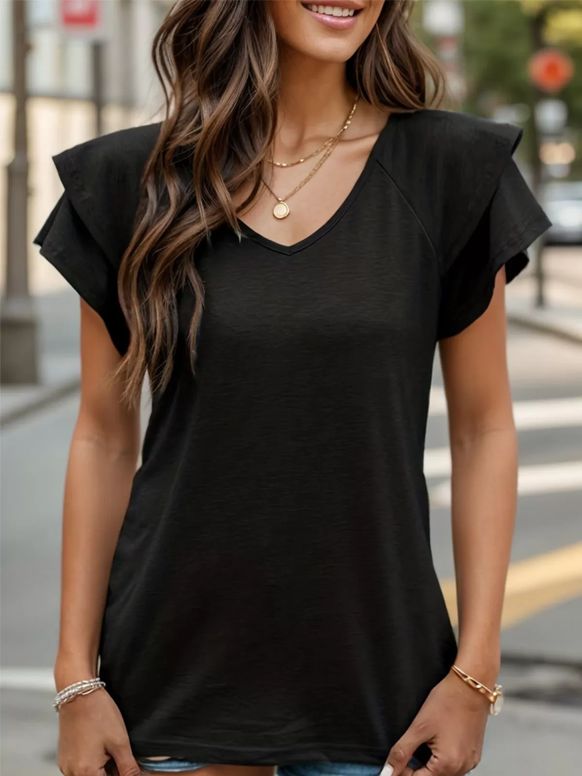 V-neck Flounce Short Sleeve T-shirt, 5 of 6