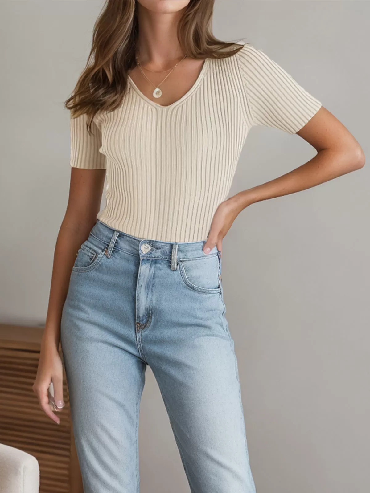 V-neck Short Sleeve Woolen Sweater, 4 of 5