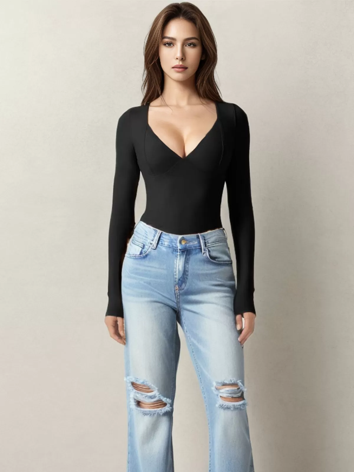 V-neck Long Sleeve Knit Bodysuit, 4 of 5