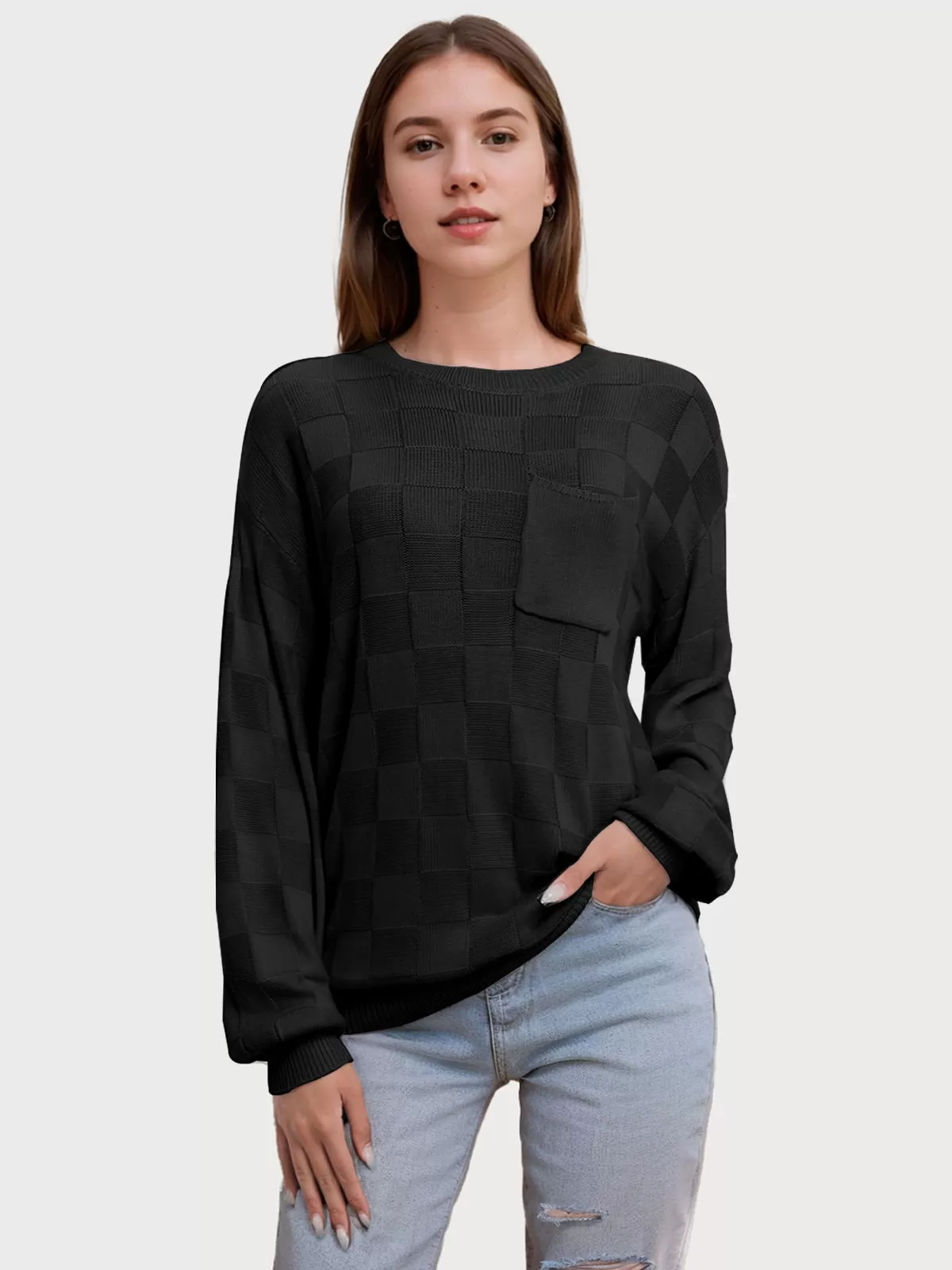 Plaid Round Neck Lantern Long Sleeve Woolen Sweater, 1 of 5