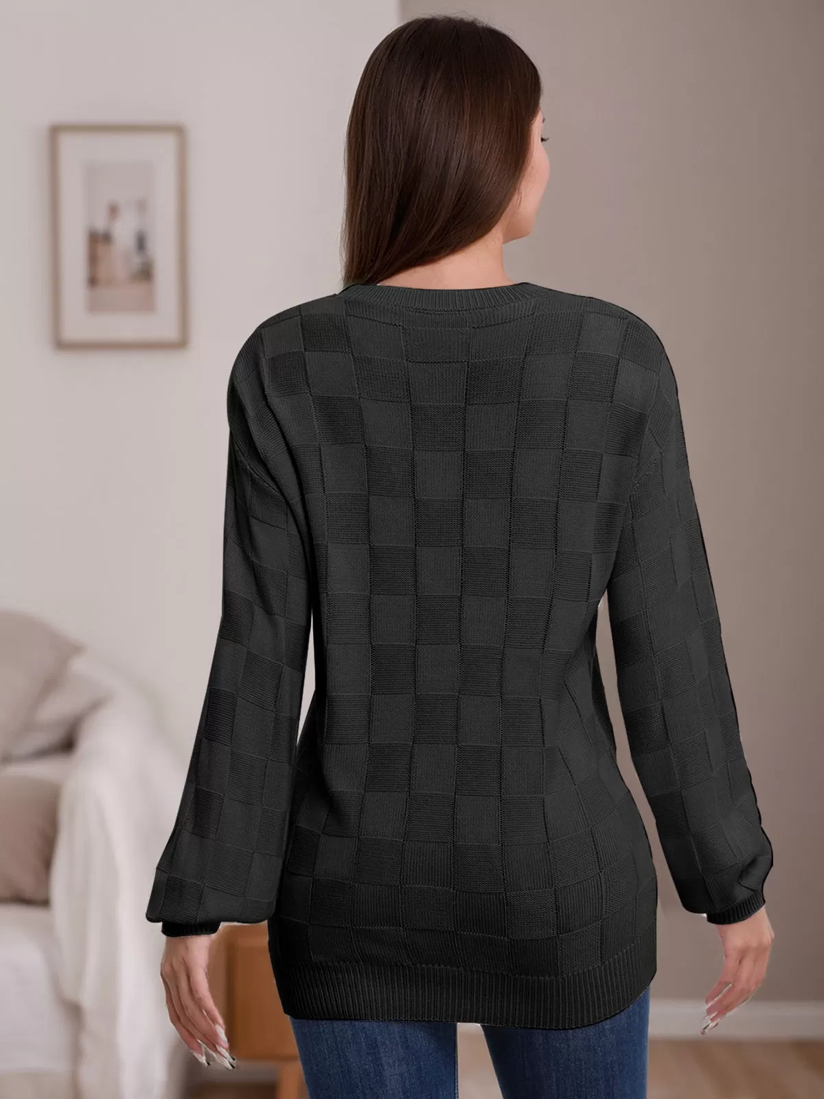 Plaid Round Neck Lantern Long Sleeve Woolen Sweater, 2 of 5