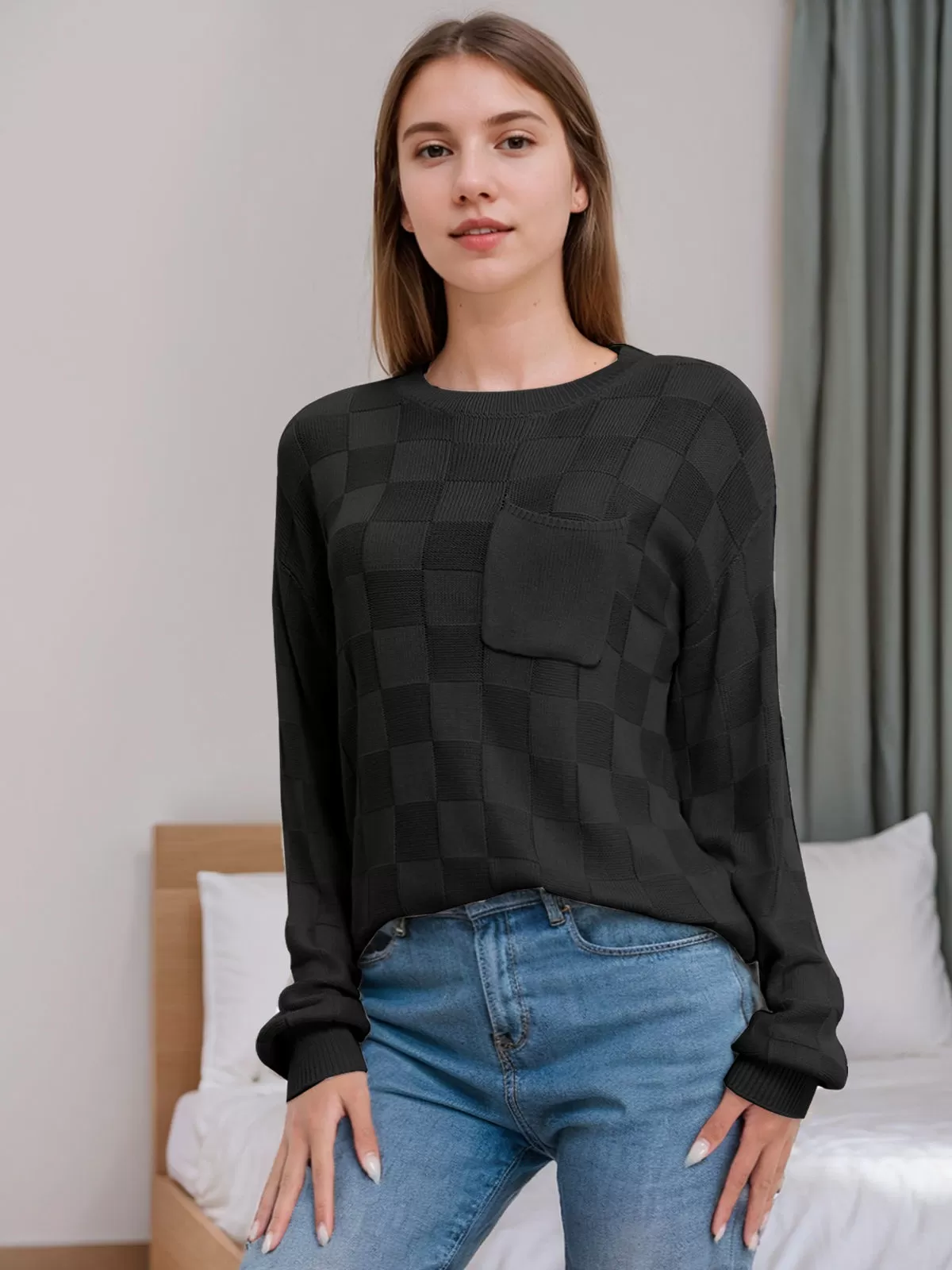 Plaid Round Neck Lantern Long Sleeve Woolen Sweater, 3 of 5