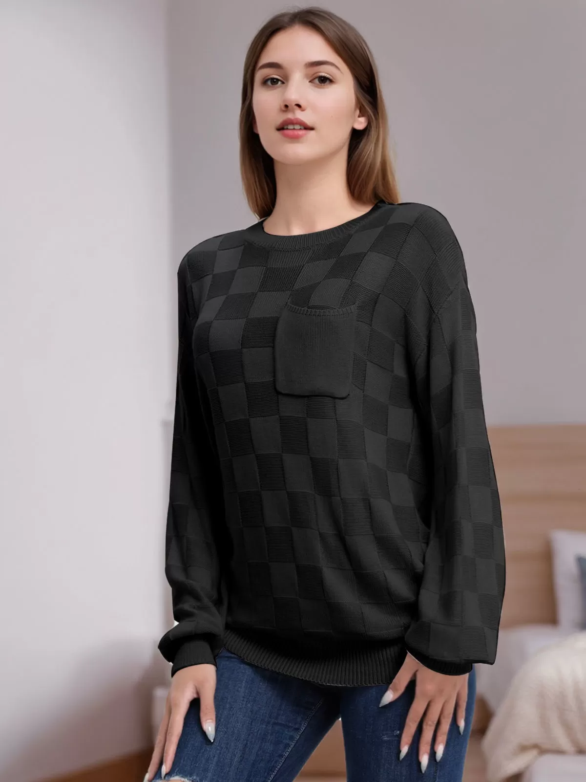 Plaid Round Neck Lantern Long Sleeve Woolen Sweater, 4 of 5